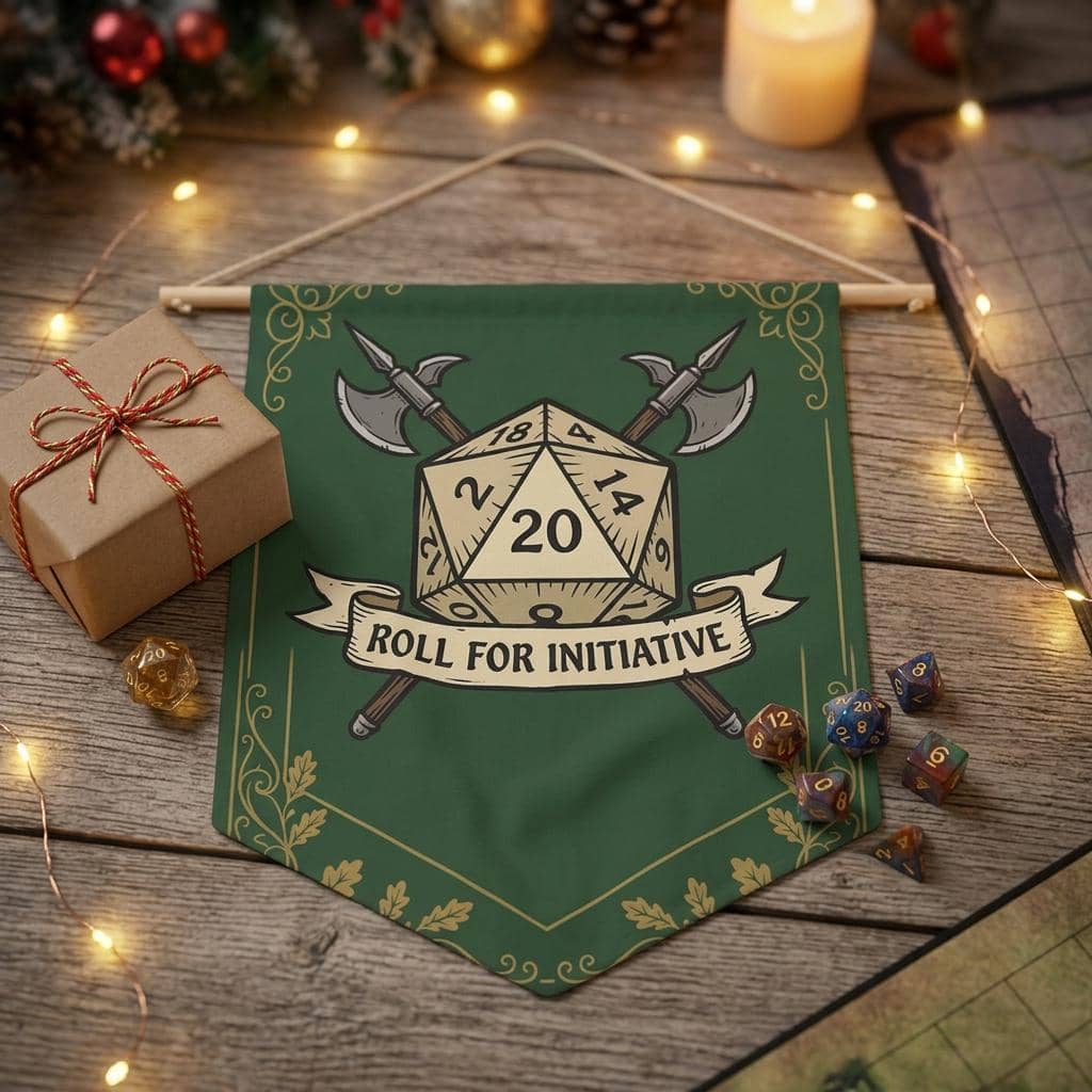 An authentic tavern-inspired heraldic battle cry banner designed to mark game room territory, solving the search for high-impact Dungeon Master appreciation and game night housewarming gifts, shown as a gift