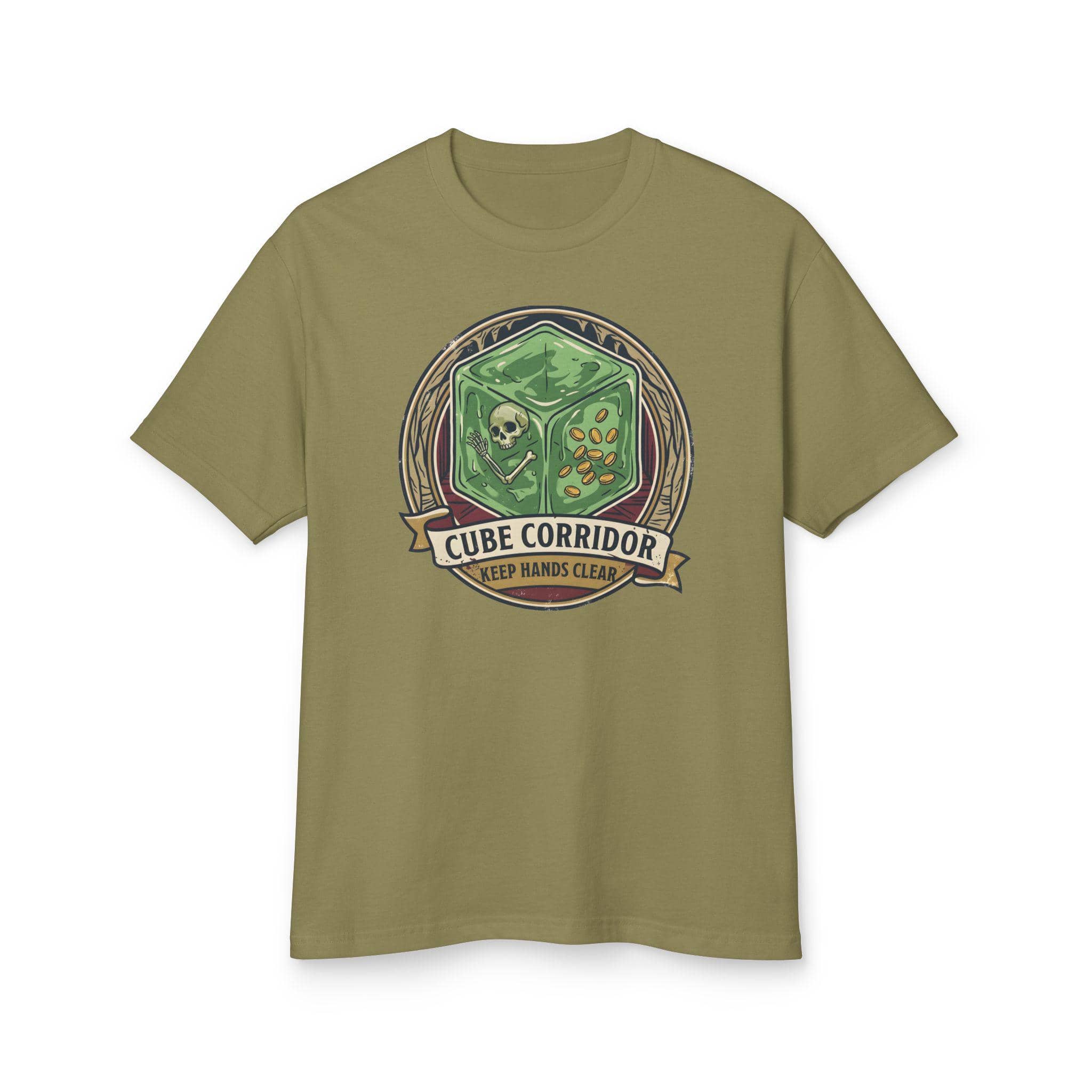 Vintage national park warning graphic tee featuring tabletop gaming's iconic translucent dungeon ooze alongside a deadpan caution sign for adventurers who touch strange corridor walls, front view