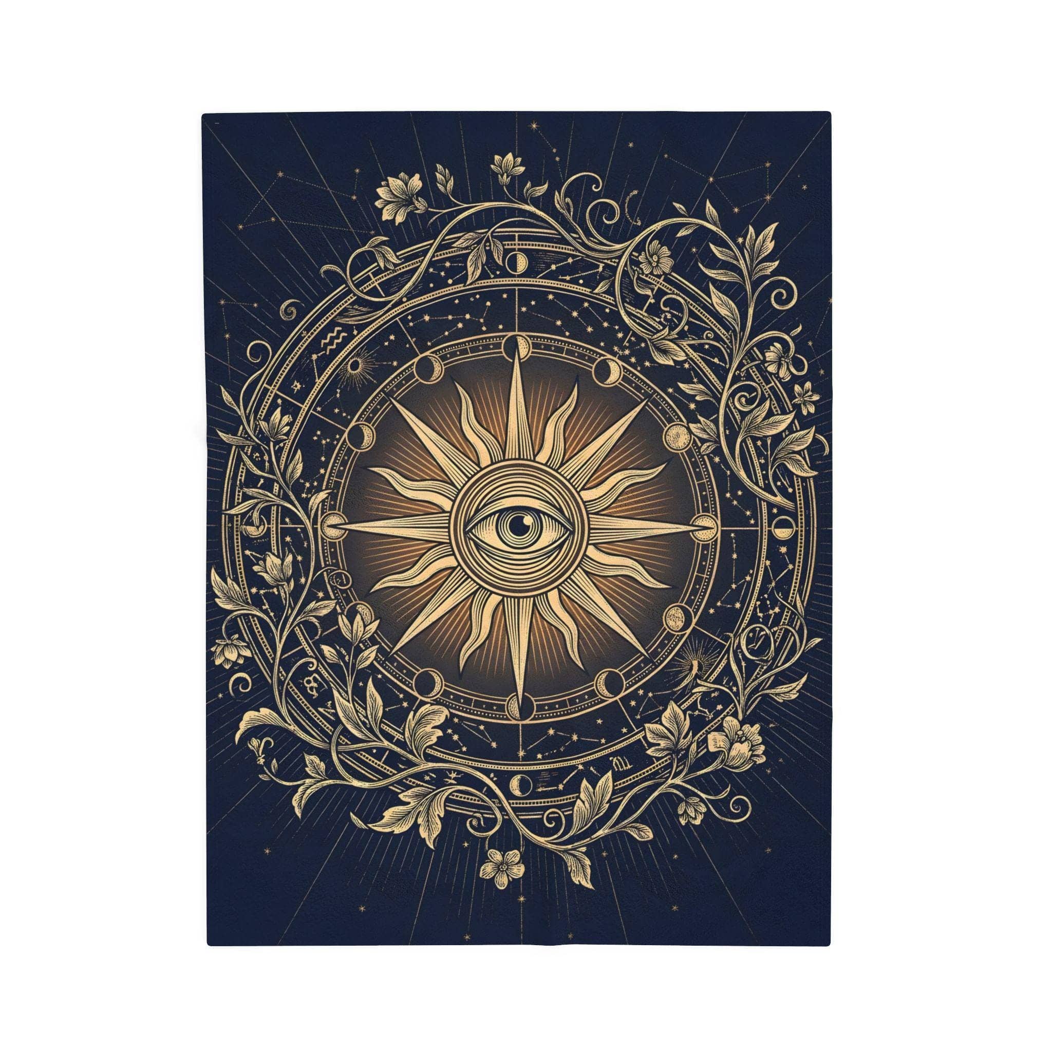 An atmospheric session throw designed to celebrate the party's unsung healer, featuring an intricate celestial divine emblem that transforms gaming nights into a cozy dark academia haven, front view