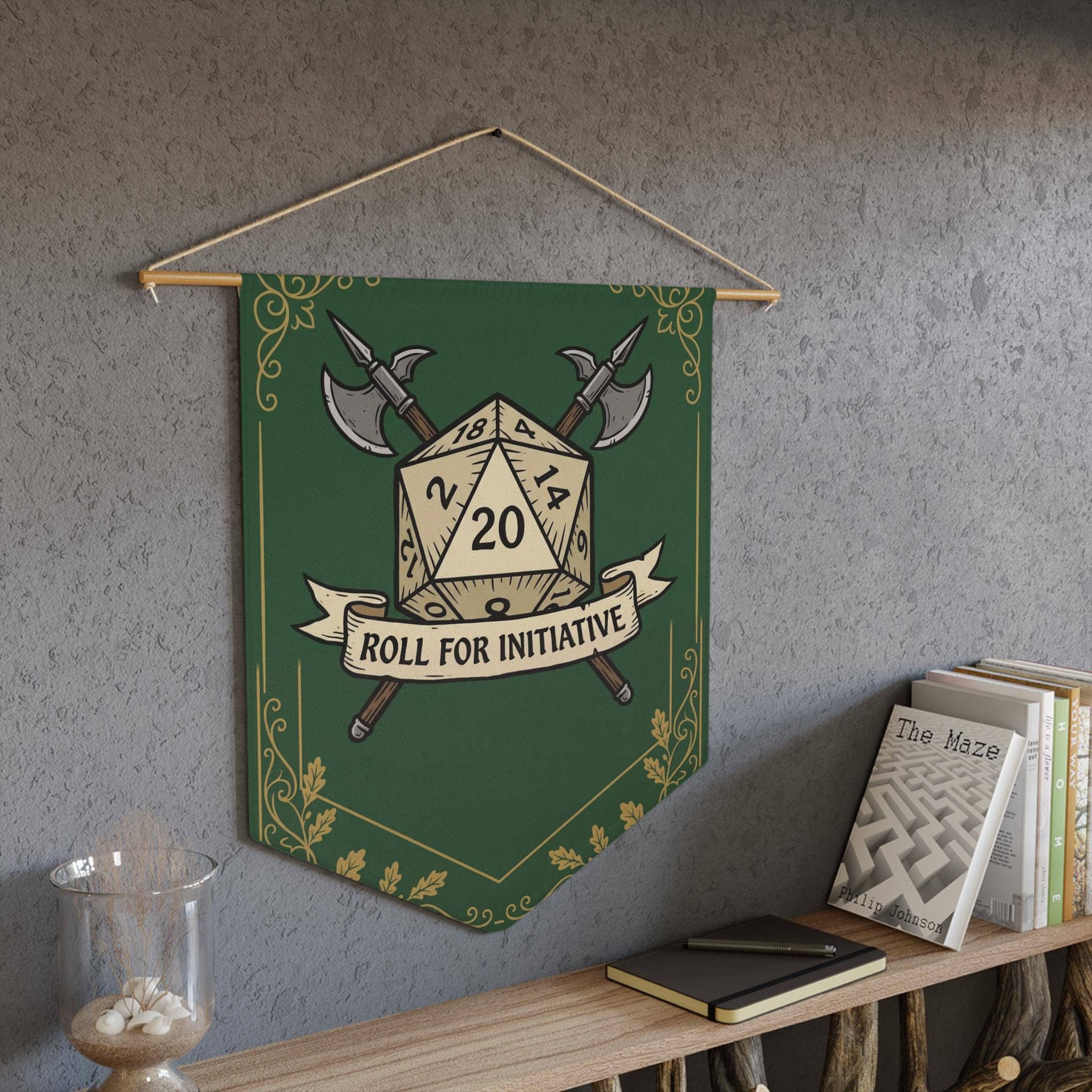 An authentic tavern-inspired heraldic battle cry banner designed to mark game room territory, solving the search for high-impact Dungeon Master appreciation and game night housewarming gifts, in a room setting
