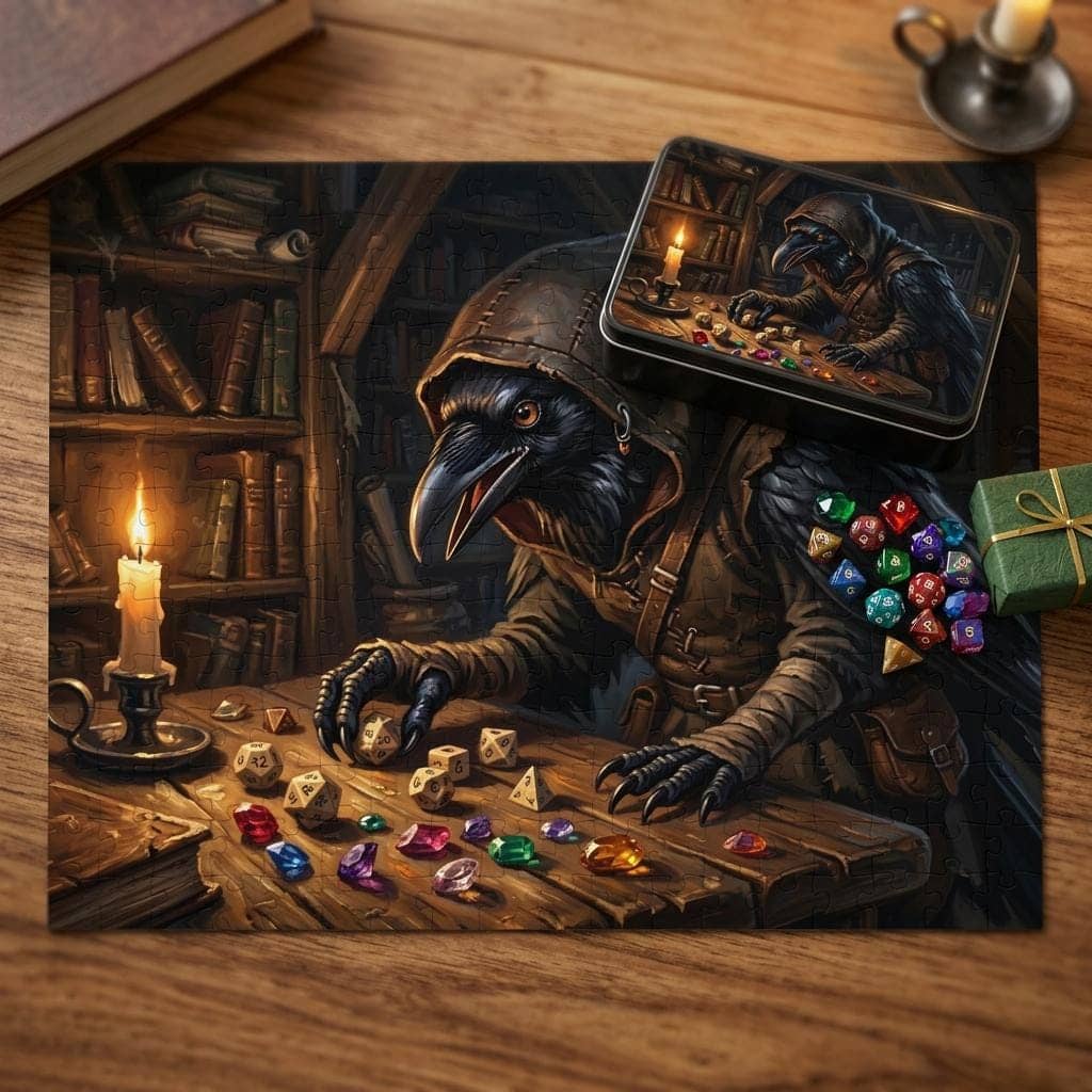 A richly rendered fantasy jigsaw puzzle showcasing an inquisitive raven-folk rogue sorting through a glittering hoard of polyhedral dice and stolen gems, shown as a gift