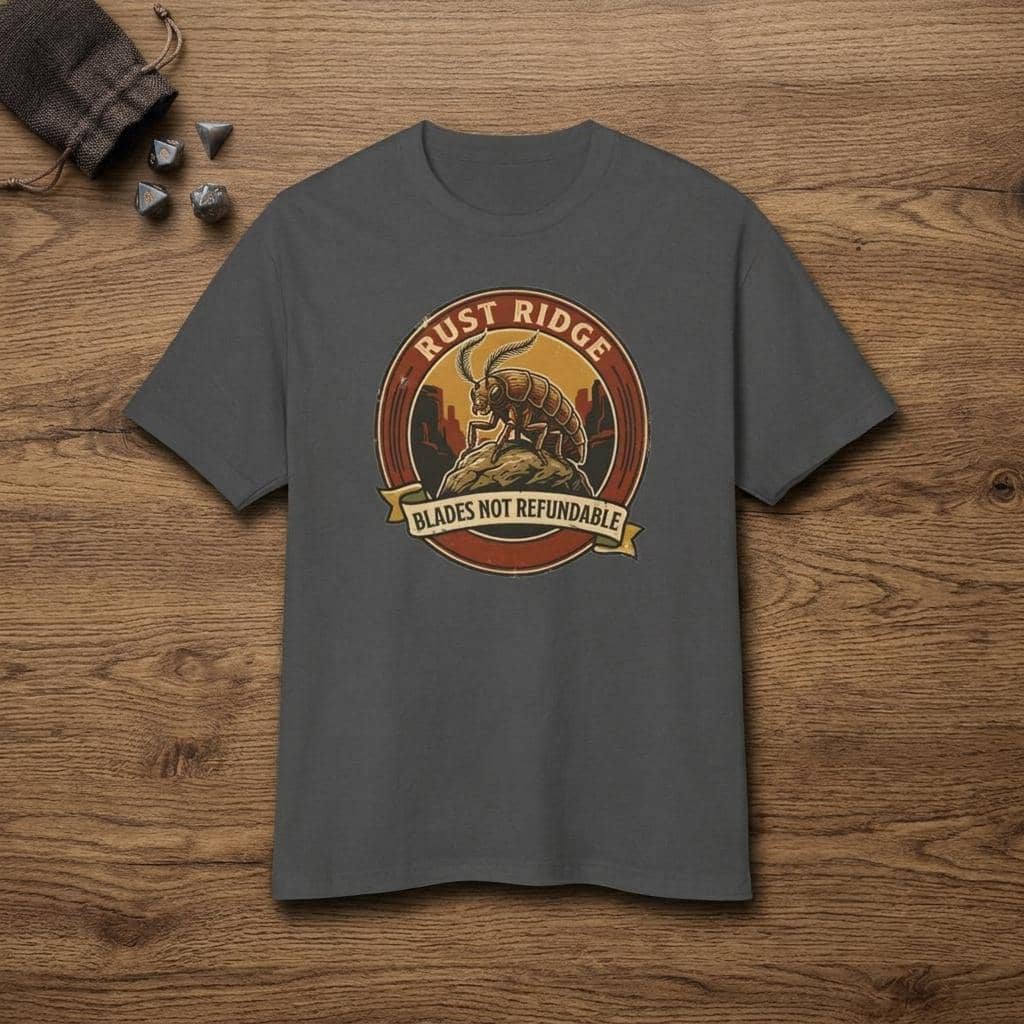 Vintage national park souvenir graphic tee featuring tabletop gaming's notorious metal-eating armored insectoid paired with a deadpan park ranger weapon warning for dungeon crawlers and roleplaying gamers, shown laid flat among dice