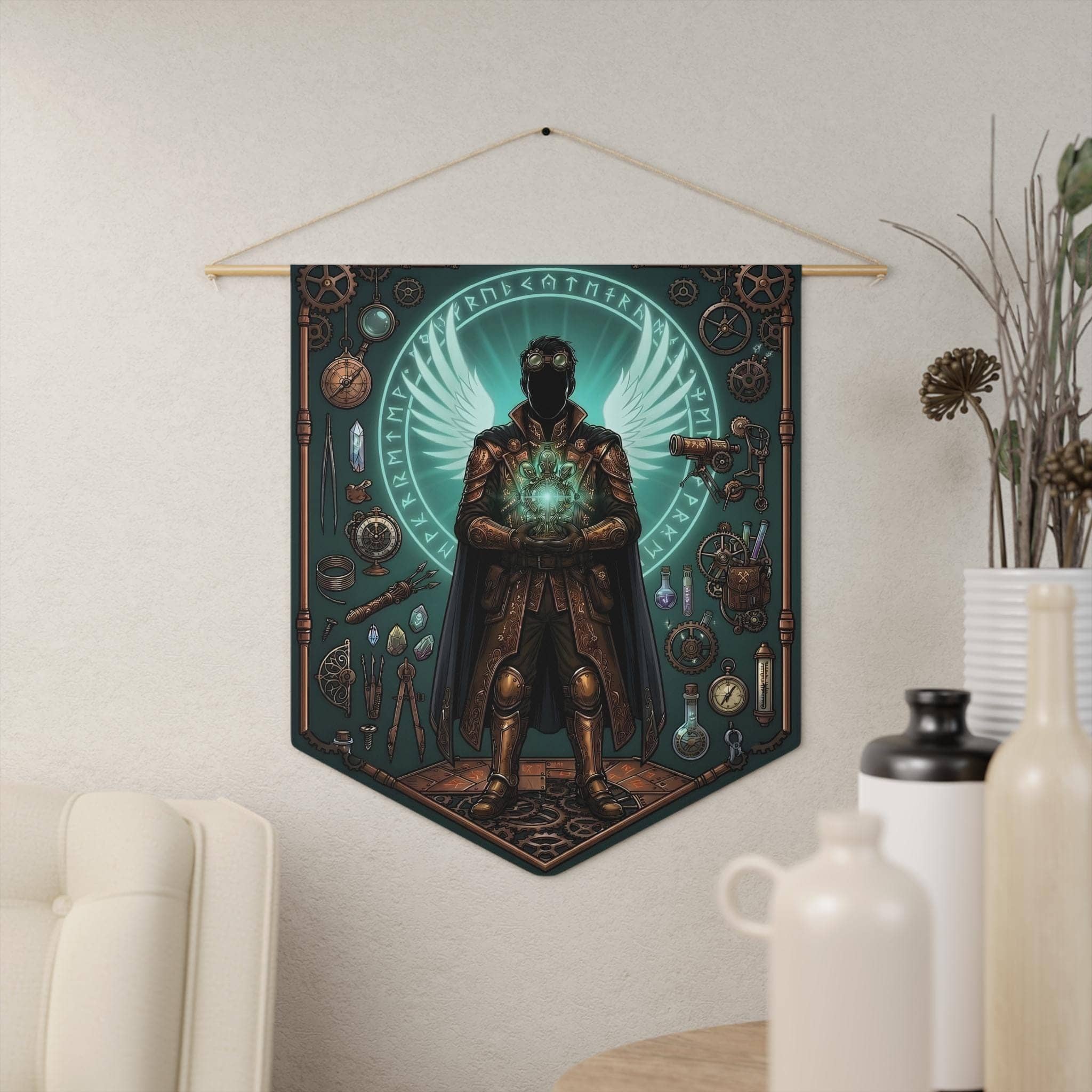 Radiant male aasimar artificer surrounded by arcane gadgets, tinkering tools, and celestial light on a premium pennant, in a room setting