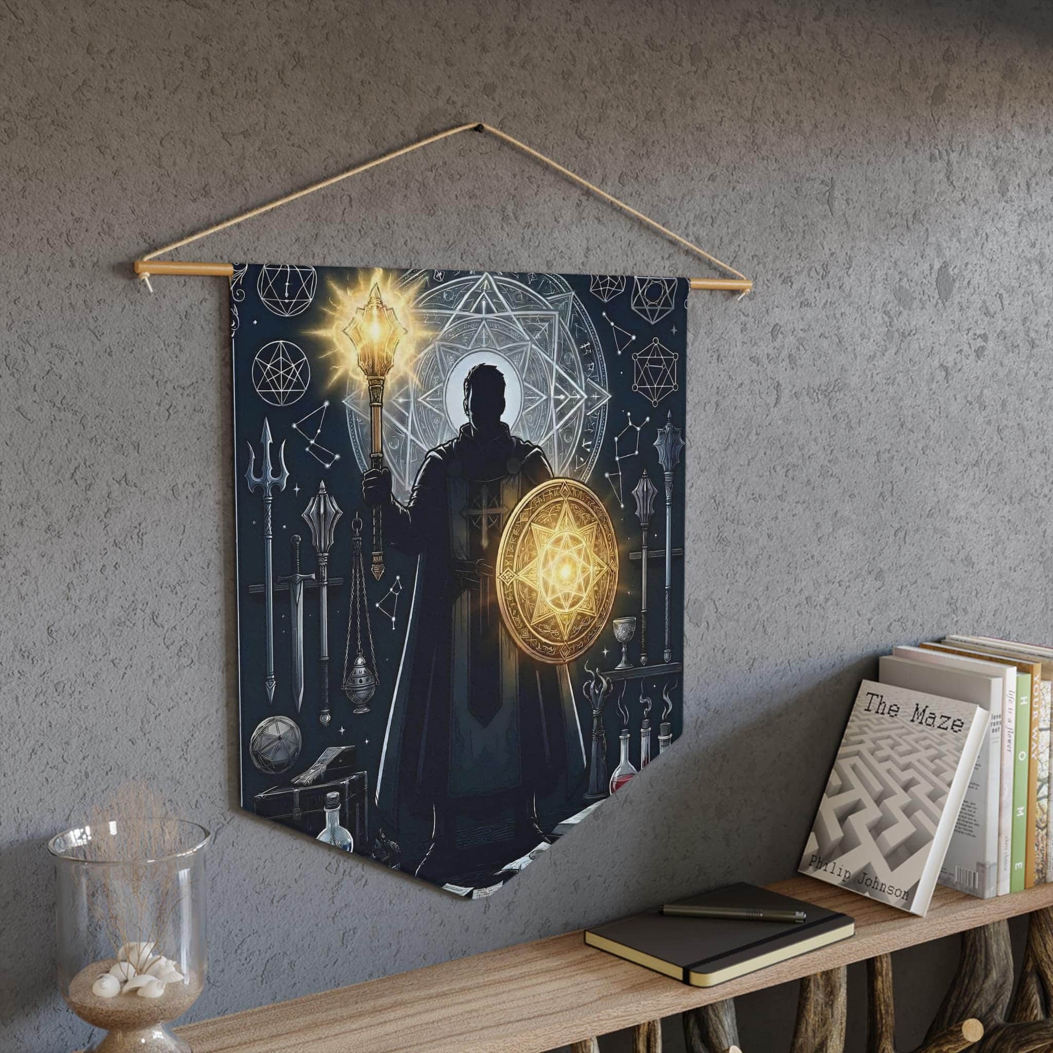 Radiant male human cleric illustration framed by a glowing divine mandala and holy relics, printed on a pennant, in a room setting