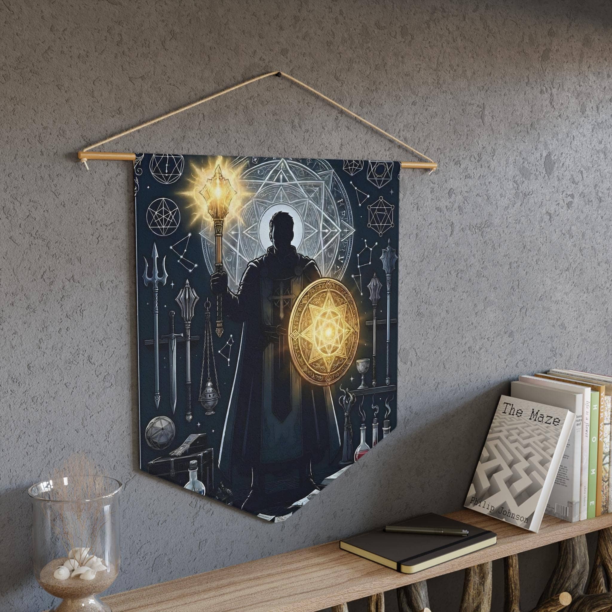 Radiant male human cleric illustration framed by a glowing divine mandala and holy relics, printed on a pennant, in a room setting