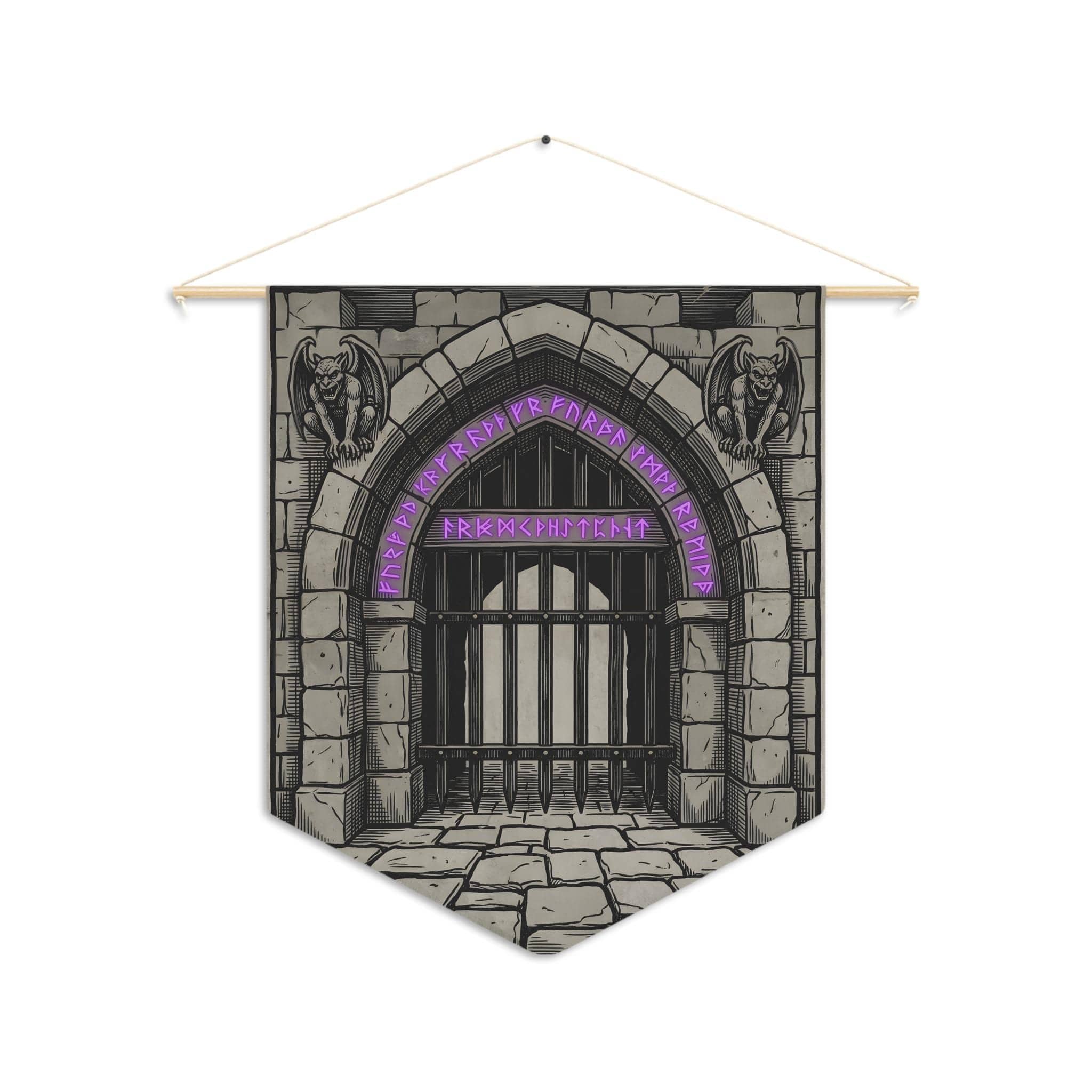 Hanging canvas pennant styled as an ancient dungeon threshold, turning any game room or basement door into an immersive portal for weekly campaign nights, front view