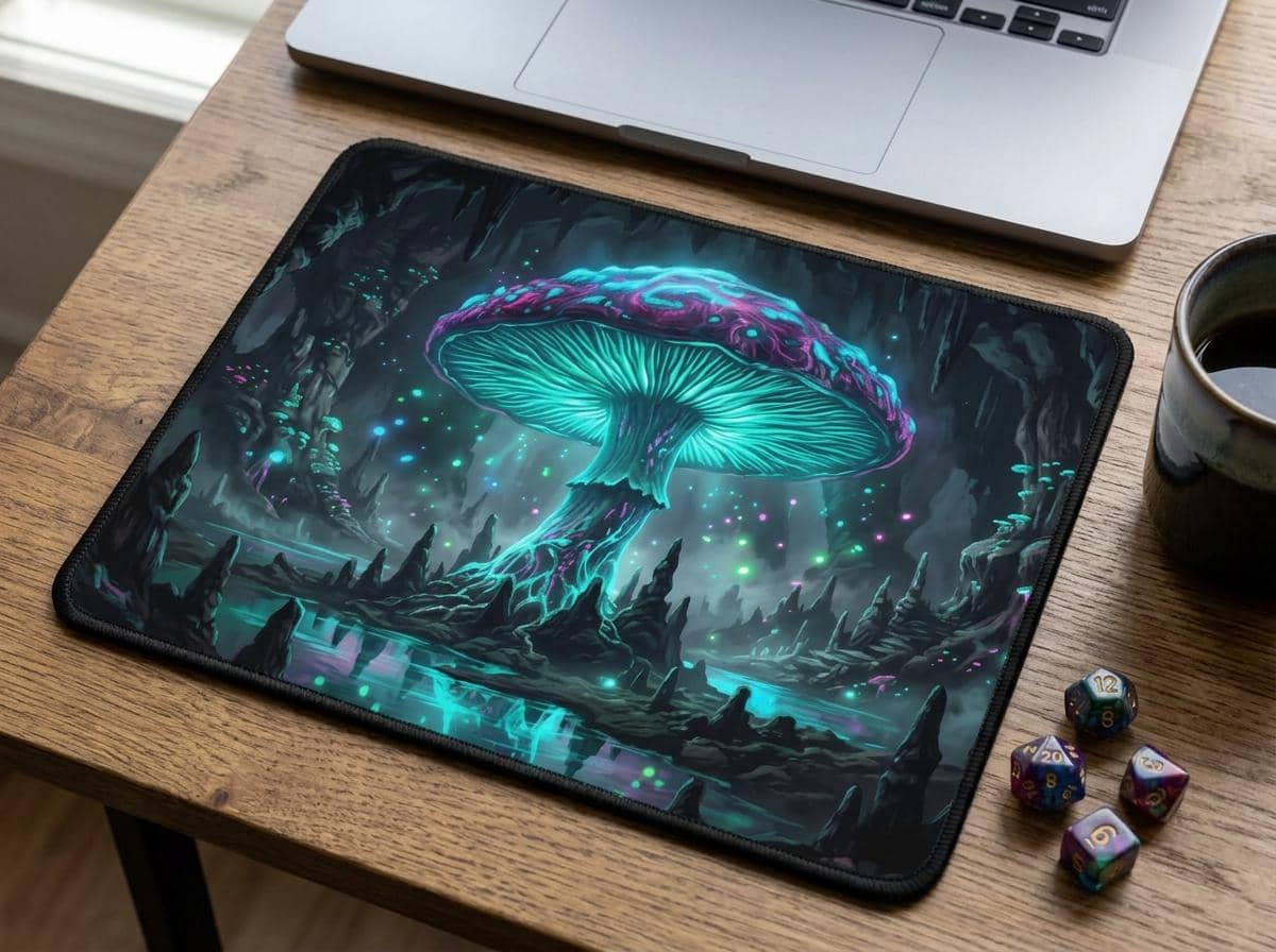 An extra-large gaming desk mat featuring an immersive Underdark glowing mushroom cavern, transforming PC battlestations and tabletop sessions with dark fantasy ambient atmosphere, shown on a desk