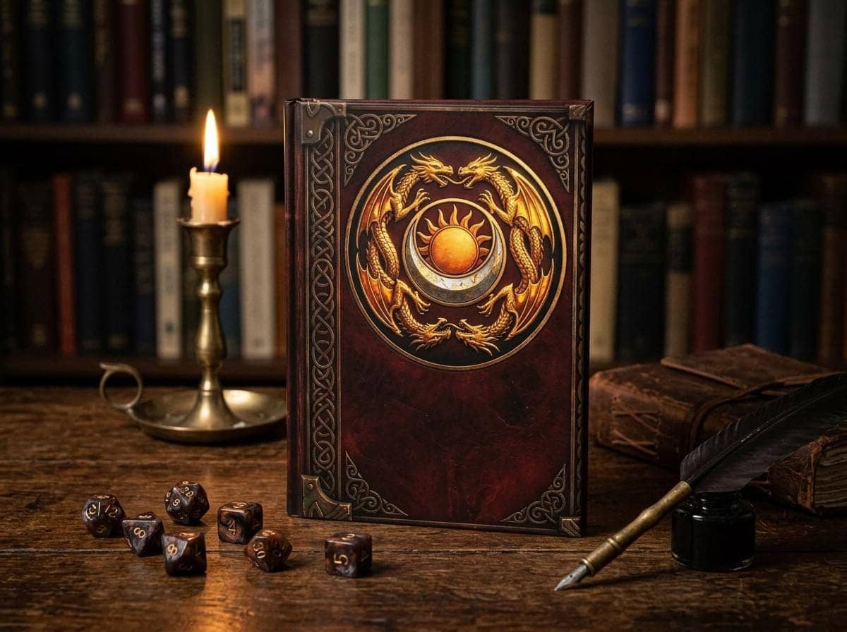 Hardcover ruled fantasy campaign journal designed as an ancient pact tome, shown on a desk beside a quill and ink