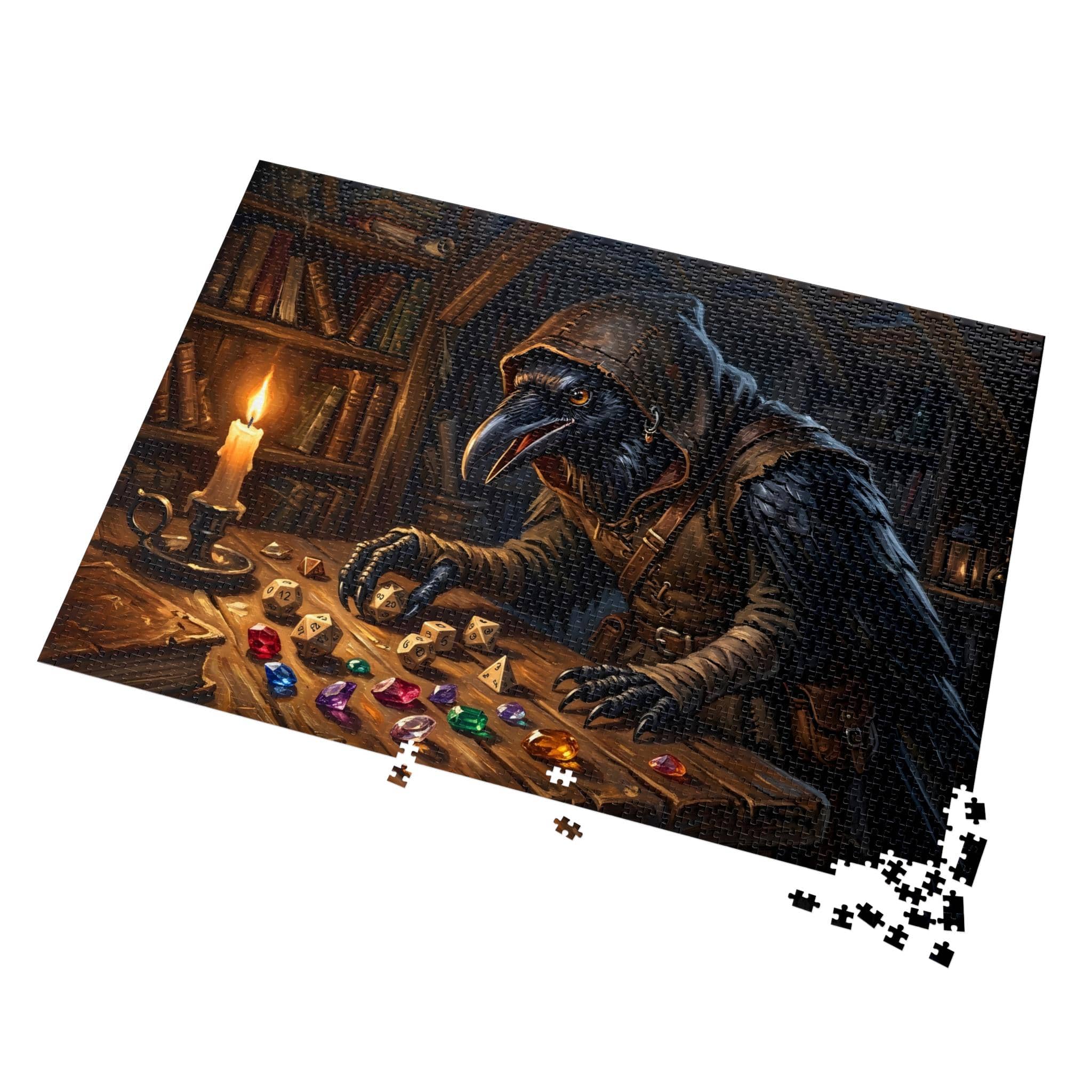 A richly rendered fantasy jigsaw puzzle showcasing an inquisitive raven-folk rogue sorting through a glittering hoard of polyhedral dice and stolen gems, in a room setting