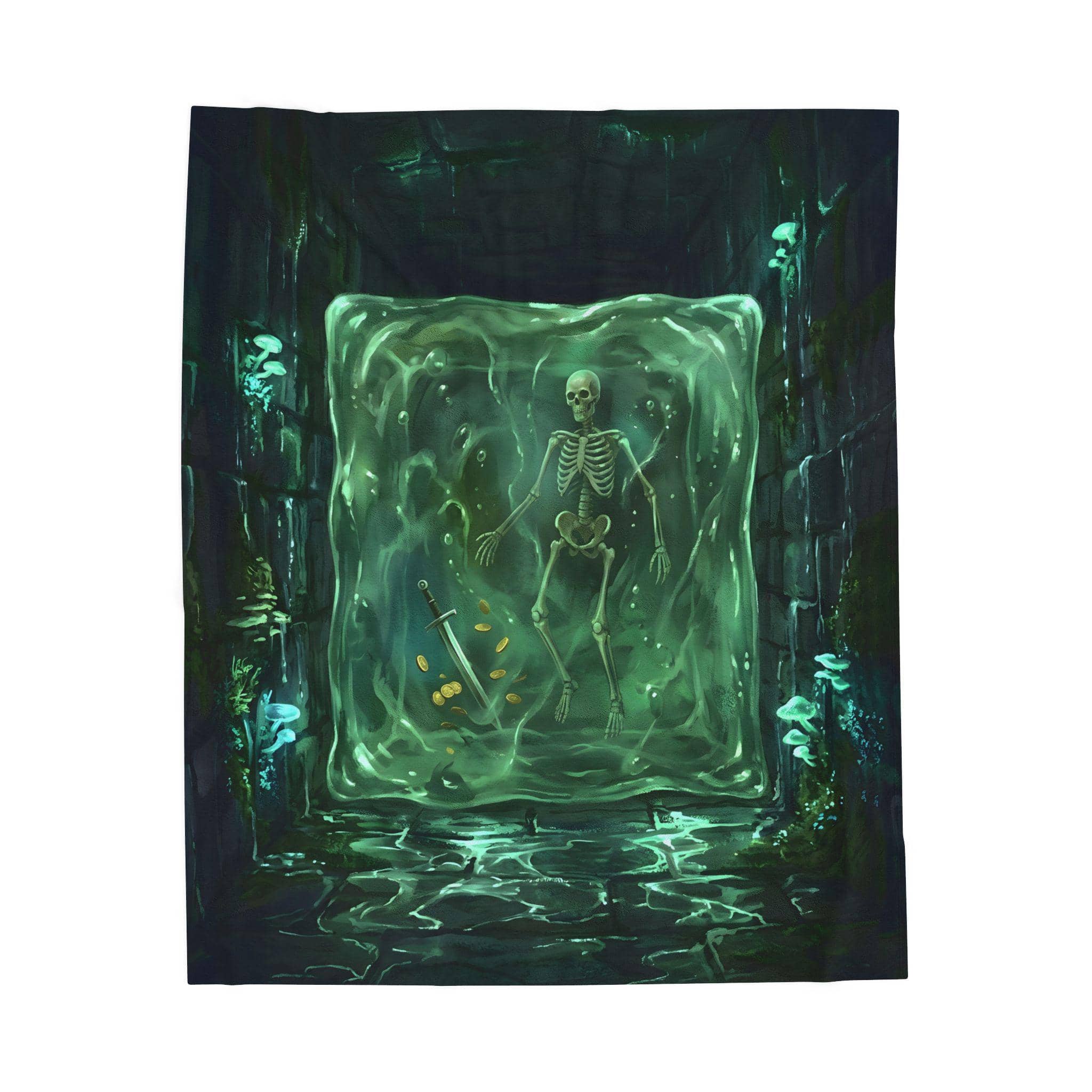 An eye-catching, full-bleed throw blanket depicting a luminous gelatinous cube suspended with adventurer gear, front view