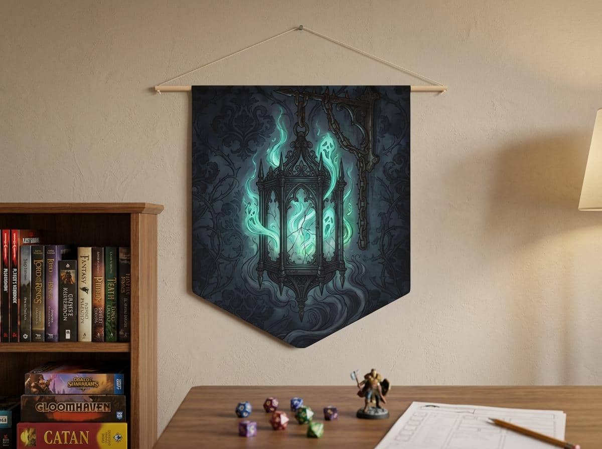 A dark fantasy gothic wall pennant showcasing a glowing spirit cage lantern, crafted as a moody Halloween game room centerpiece and campaign table backdrop, shown on a game room wall