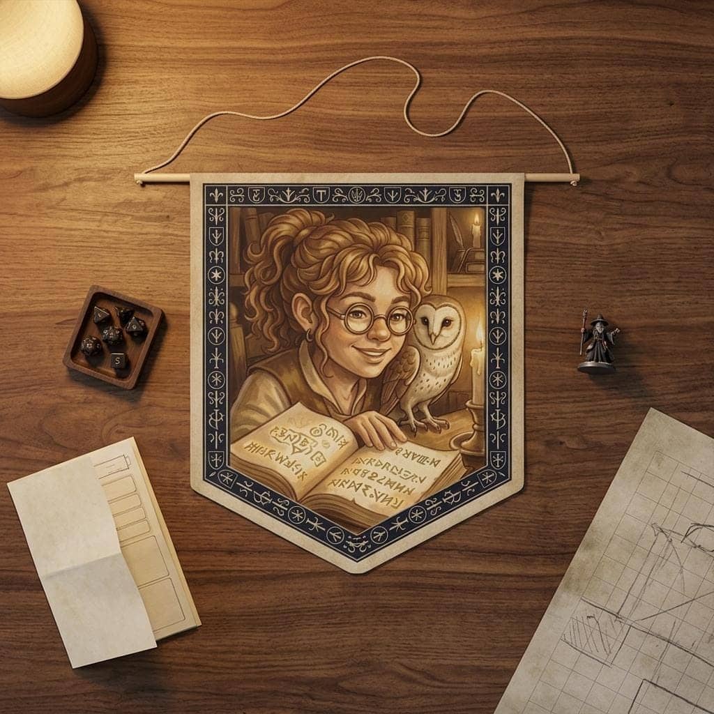 A cozy canvas pennant celebrating the bond between a halfling wizard and her feathered familiar, shown on the game table among dice and character sheets