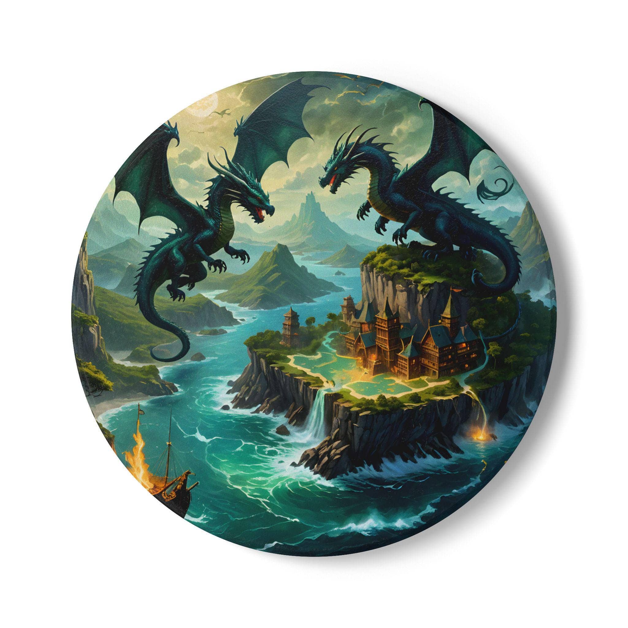 Majestic dragons flying over an island castle as a ship approaches the shore, printed on a coaster, front view