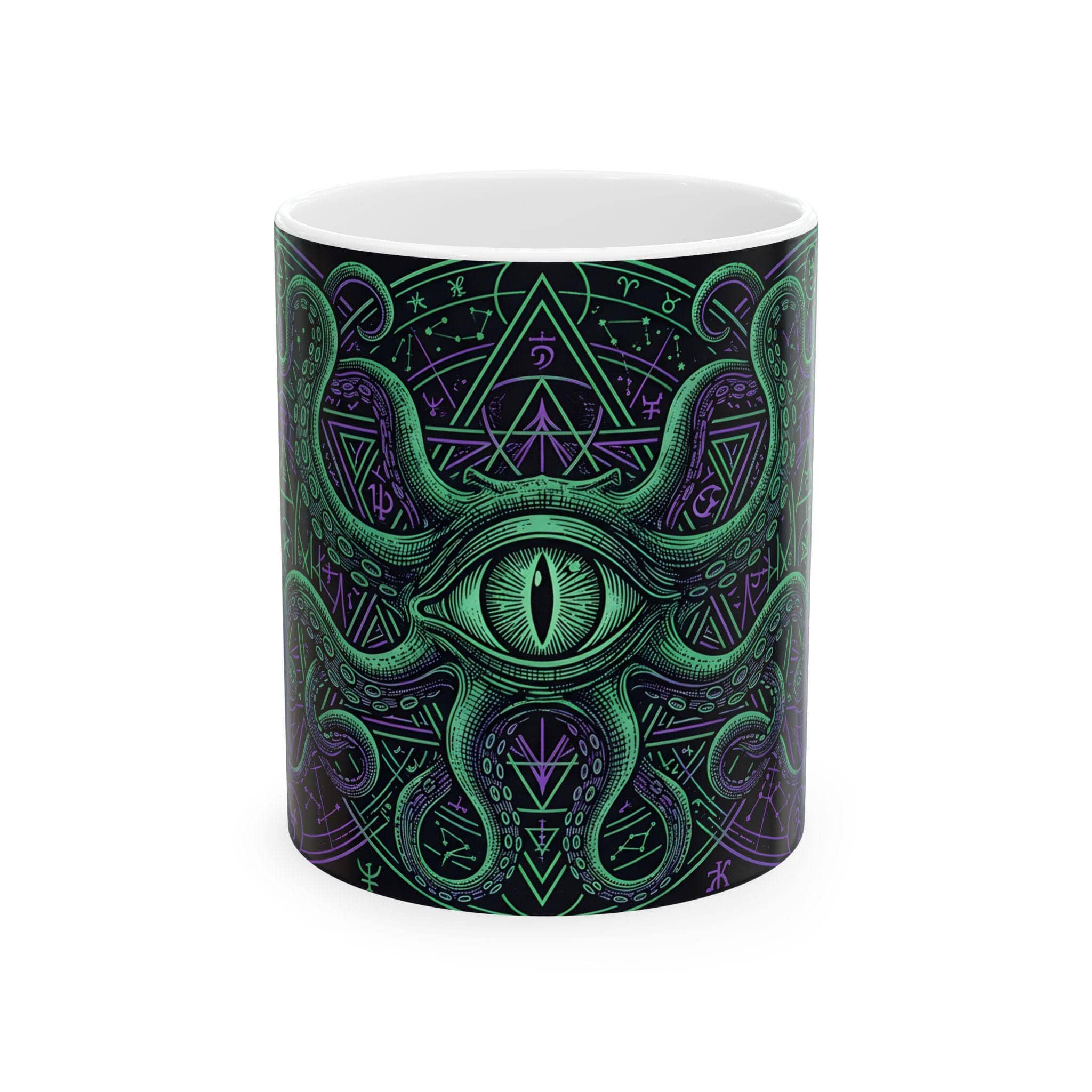 An atmospheric ceramic gaming mug emblazoned with an eldritch Great Old One patron crest, targeted at warlock players and dungeon masters fueling late-night campaign sessions