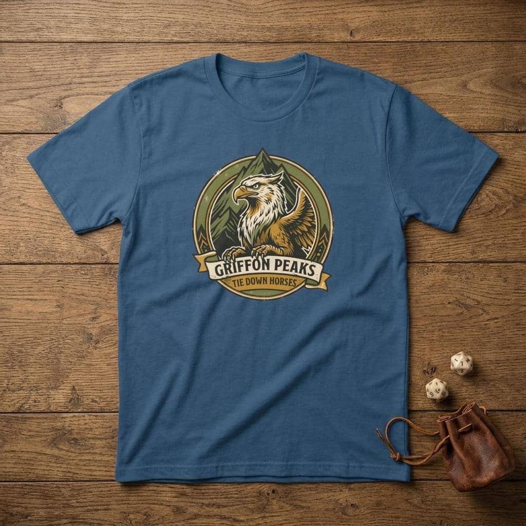 Vintage national park parody tee featuring a noble mountain griffon alongside a deadpan ranger warning for traveling adventurers to keep their prized mounts secured, shown laid flat among dice