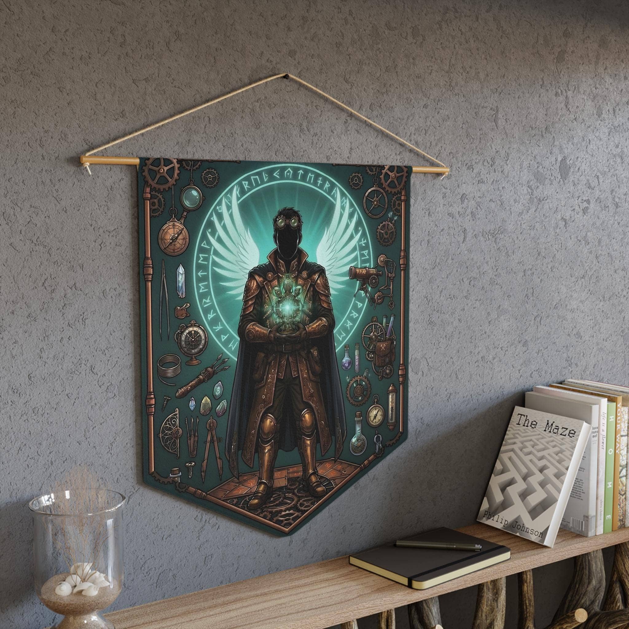 Radiant male aasimar artificer surrounded by arcane gadgets, tinkering tools, and celestial light on a premium pennant, in a room setting