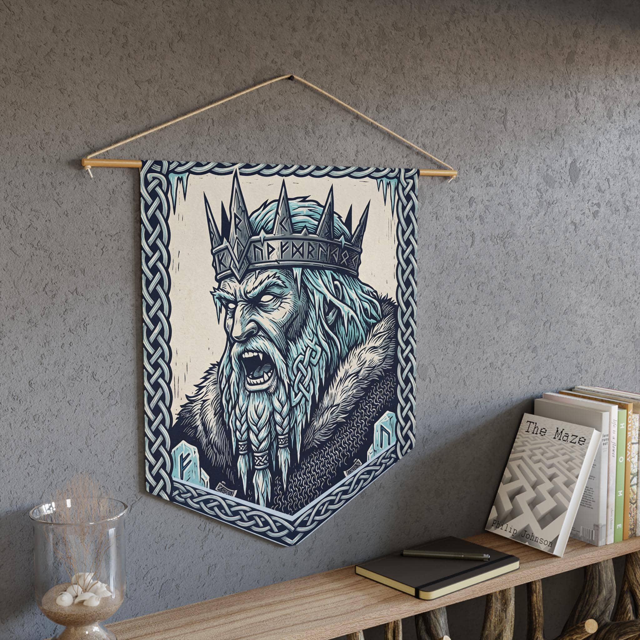 An authentic medieval heraldic banner featuring a fierce Frost Giant Jarl, in a room setting