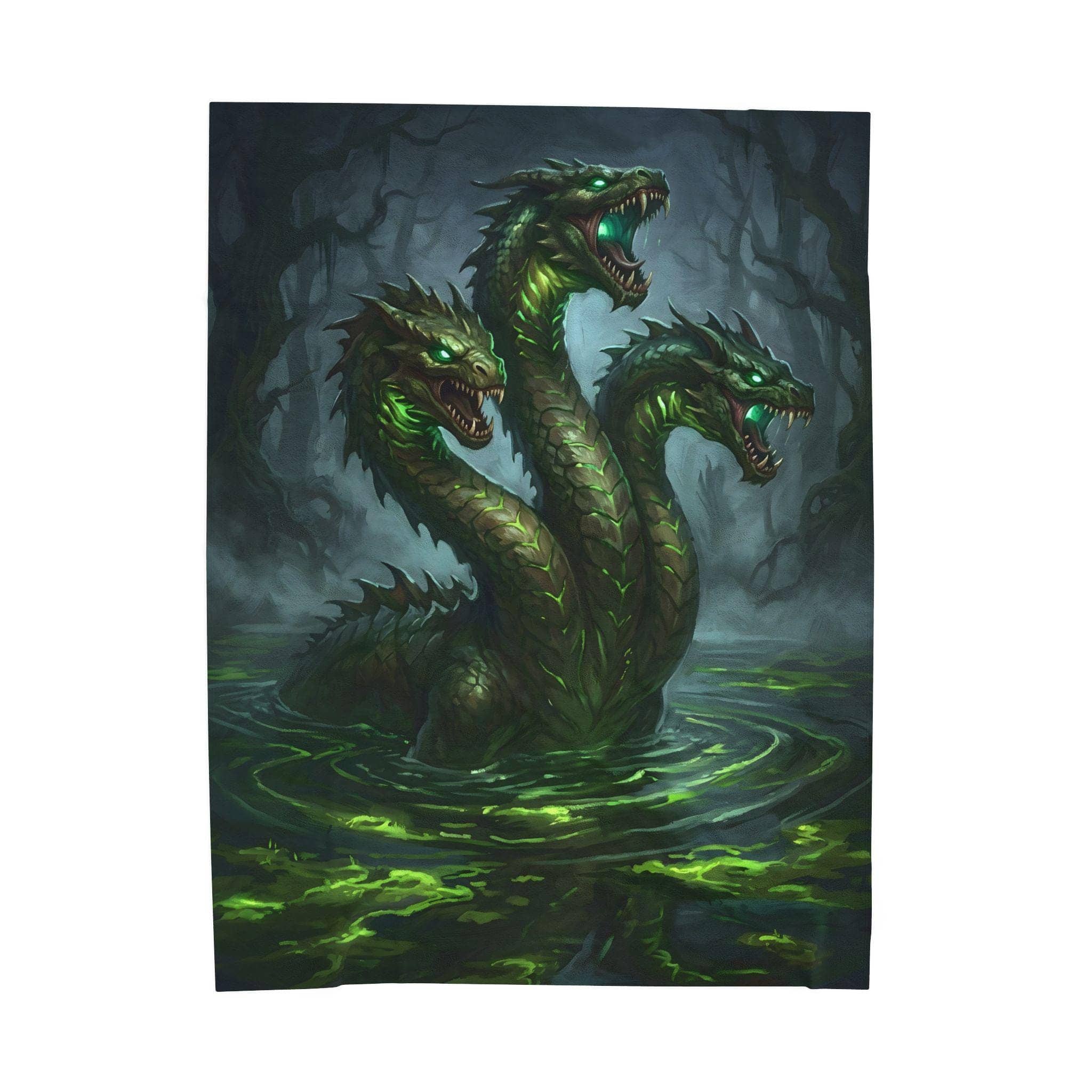 A plush statement throw showcasing an atmospheric swamp hydra, front view
