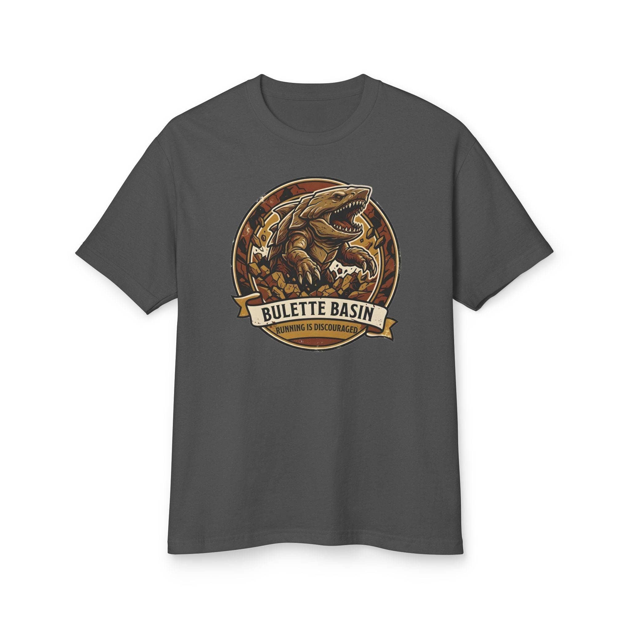 Vintage national park souvenir graphic tee featuring tabletop gaming's armored landshark burrower, paired with deadpan trail advice warning adventurers that running only draws its tremorsense, front view