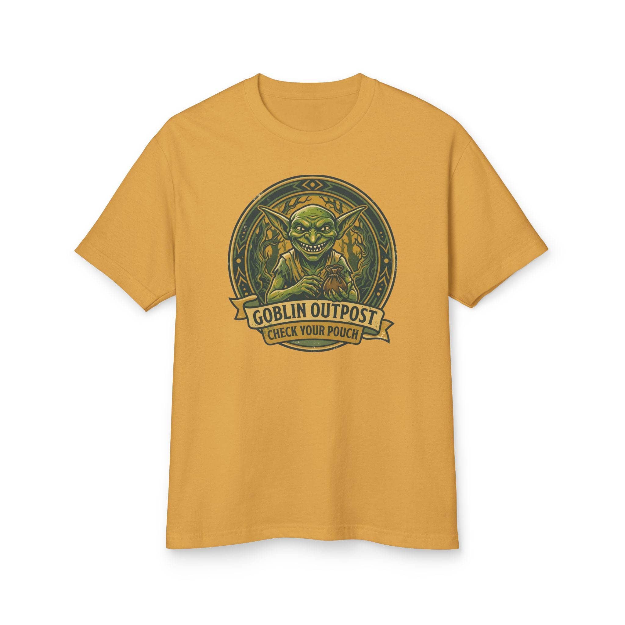 Deadpan national park style graphic tee warning tabletop adventurers to guard their coin pouches from grinning goblin scavengers, front view