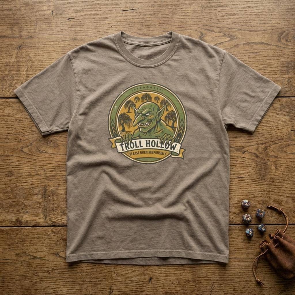 Vintage national park parody tee featuring a gangly swamp troll alongside a deadpan 'Please Burn Responsibly' fire warning for tabletop adventurers exploring monster-infested wetlands, shown laid flat among dice