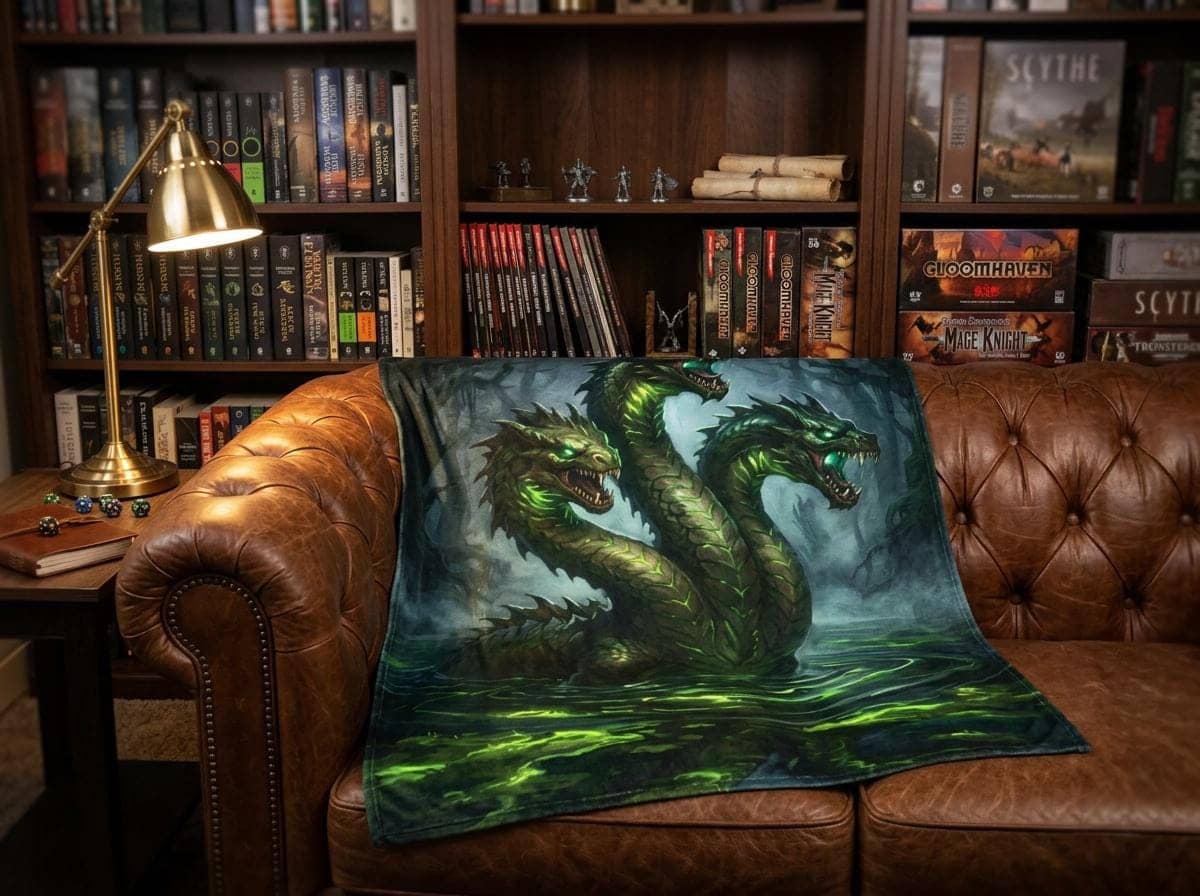 A plush statement throw showcasing an atmospheric swamp hydra, shown on a game room couch