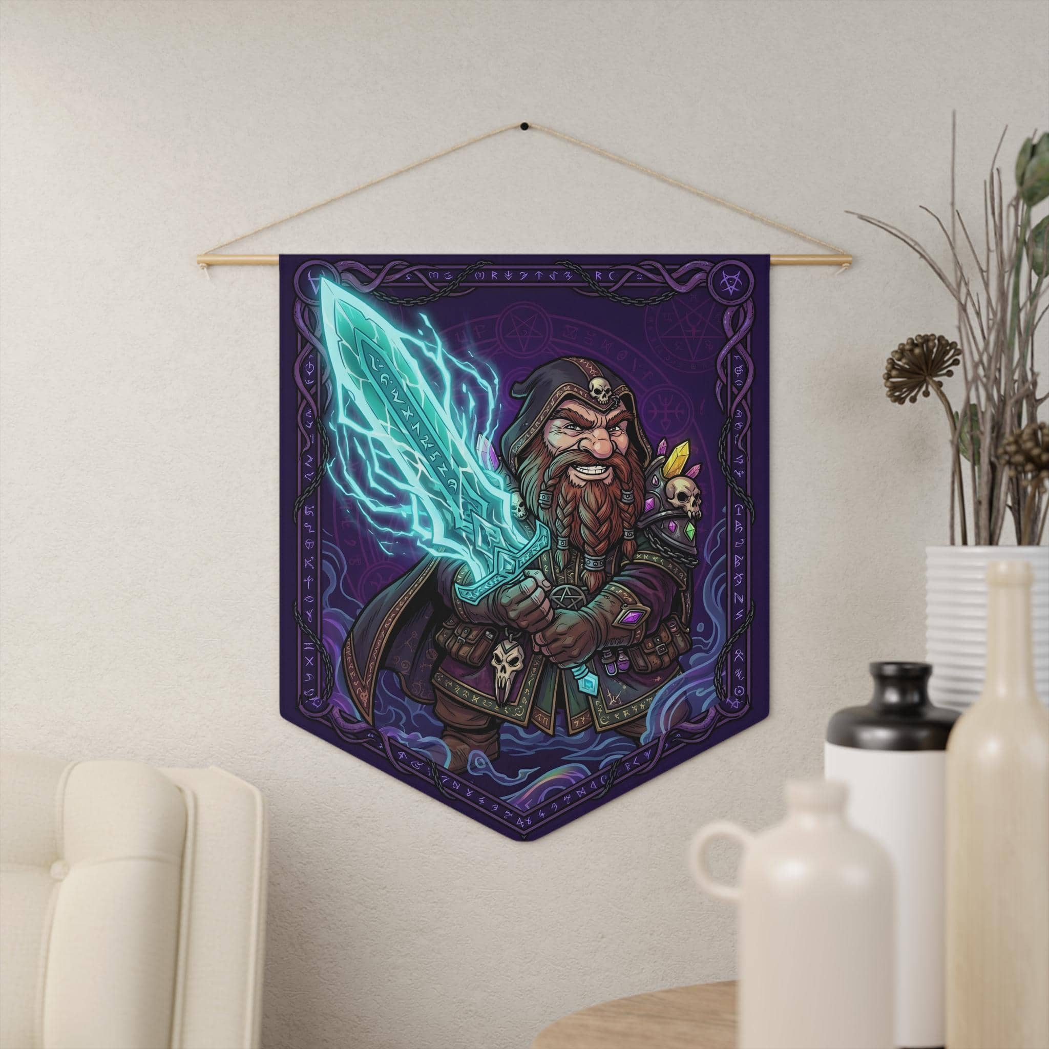Graphic fantasy felt-style pennant featuring a fierce gnome warlock channeling a massive cyan spectral greatsword, in a room setting