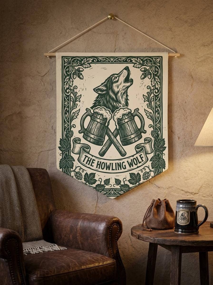 Vintage woodcut tavern hanging pennant that transforms a modern game room, tabletop corner, or bedroom into an authentic fantasy alehouse for D&D session nights, shown in a cosy den corner