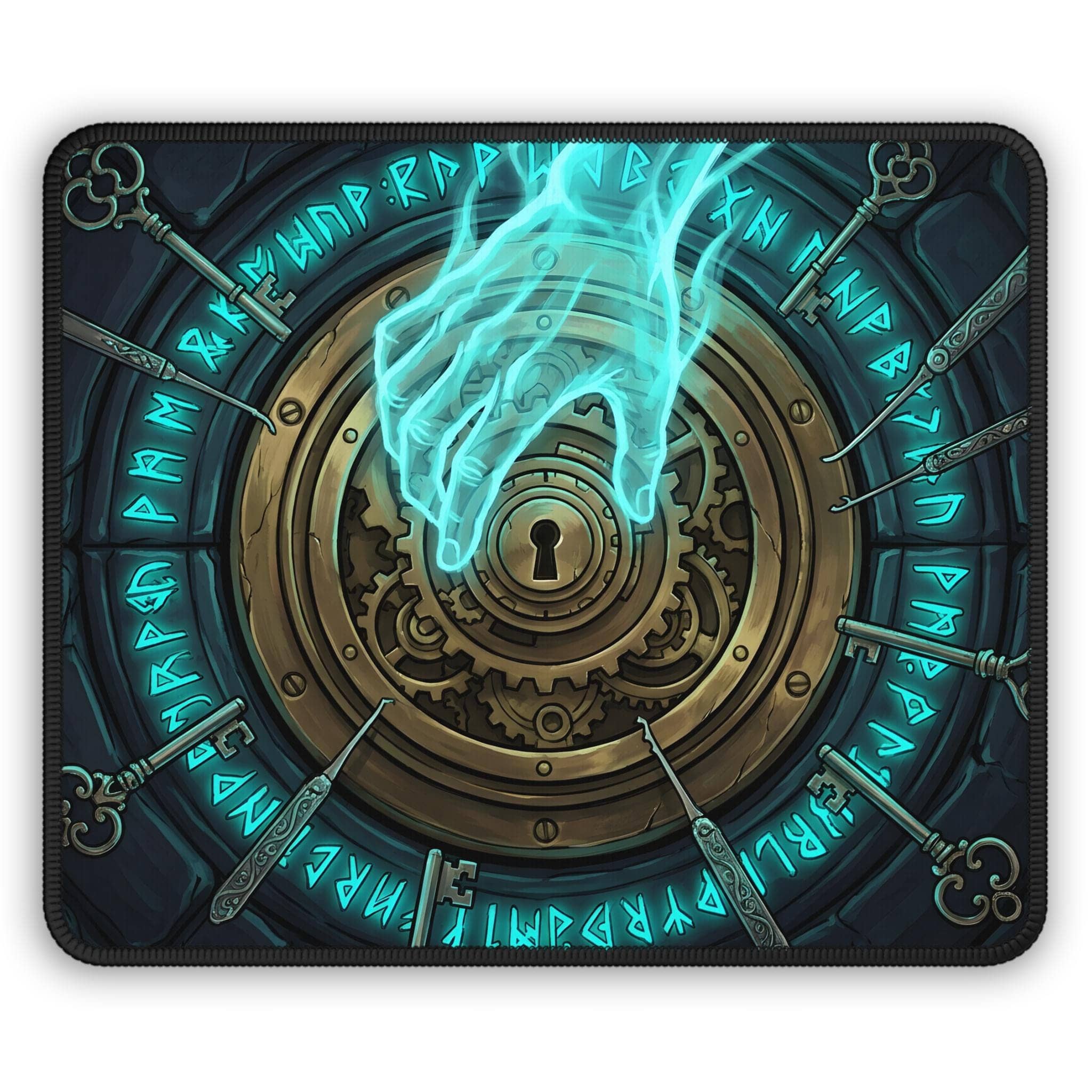 Ultra-wide gaming desk pad transforming your desk into a thief's arcane heist scene, featuring a luminous mage hand bypassing an ornate vault mechanism to captivate TTRPG rogue players and tabletop gamers, printed on a mouse pad