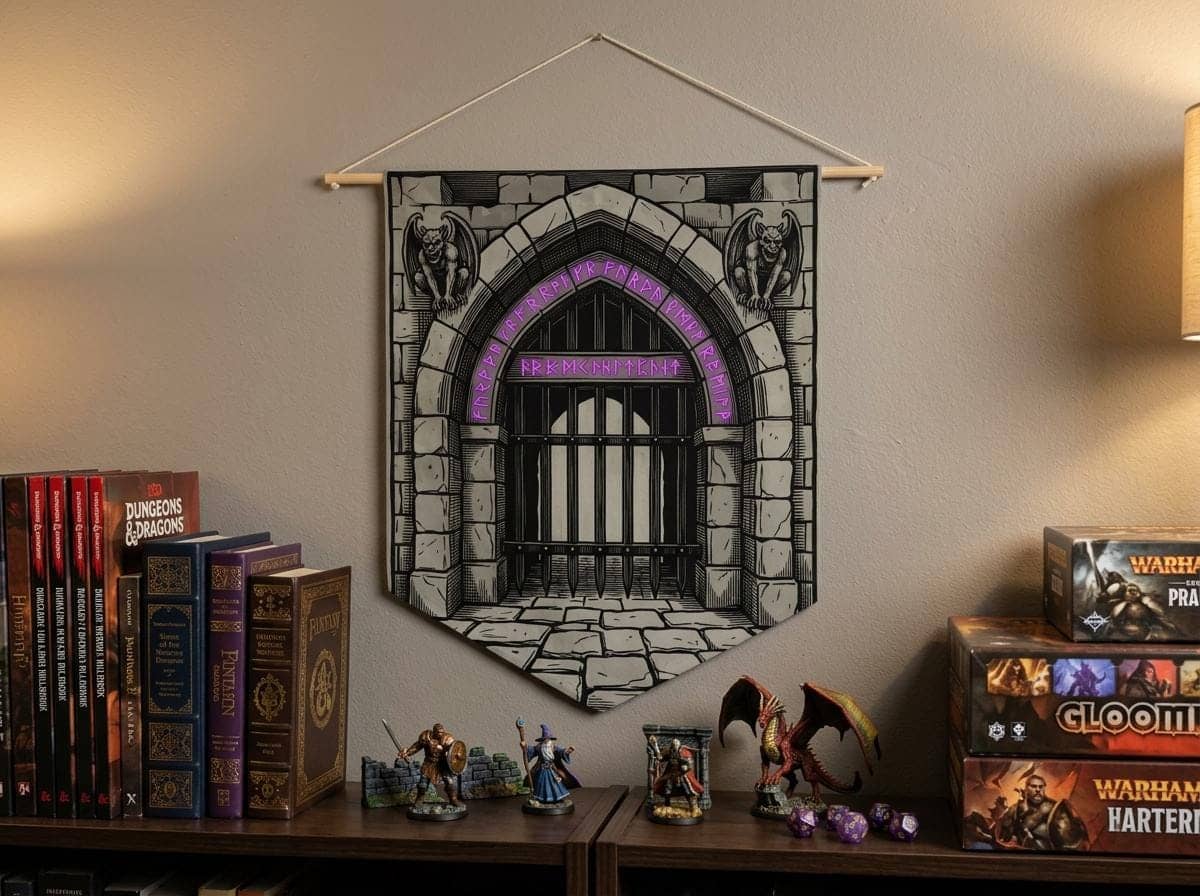 Hanging canvas pennant styled as an ancient dungeon threshold, turning any game room or basement door into an immersive portal for weekly campaign nights