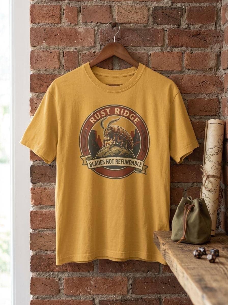 Vintage national park souvenir graphic tee featuring tabletop gaming's notorious metal-eating armored insectoid paired with a deadpan park ranger weapon warning for dungeon crawlers and roleplaying gamers, shown on a hanger