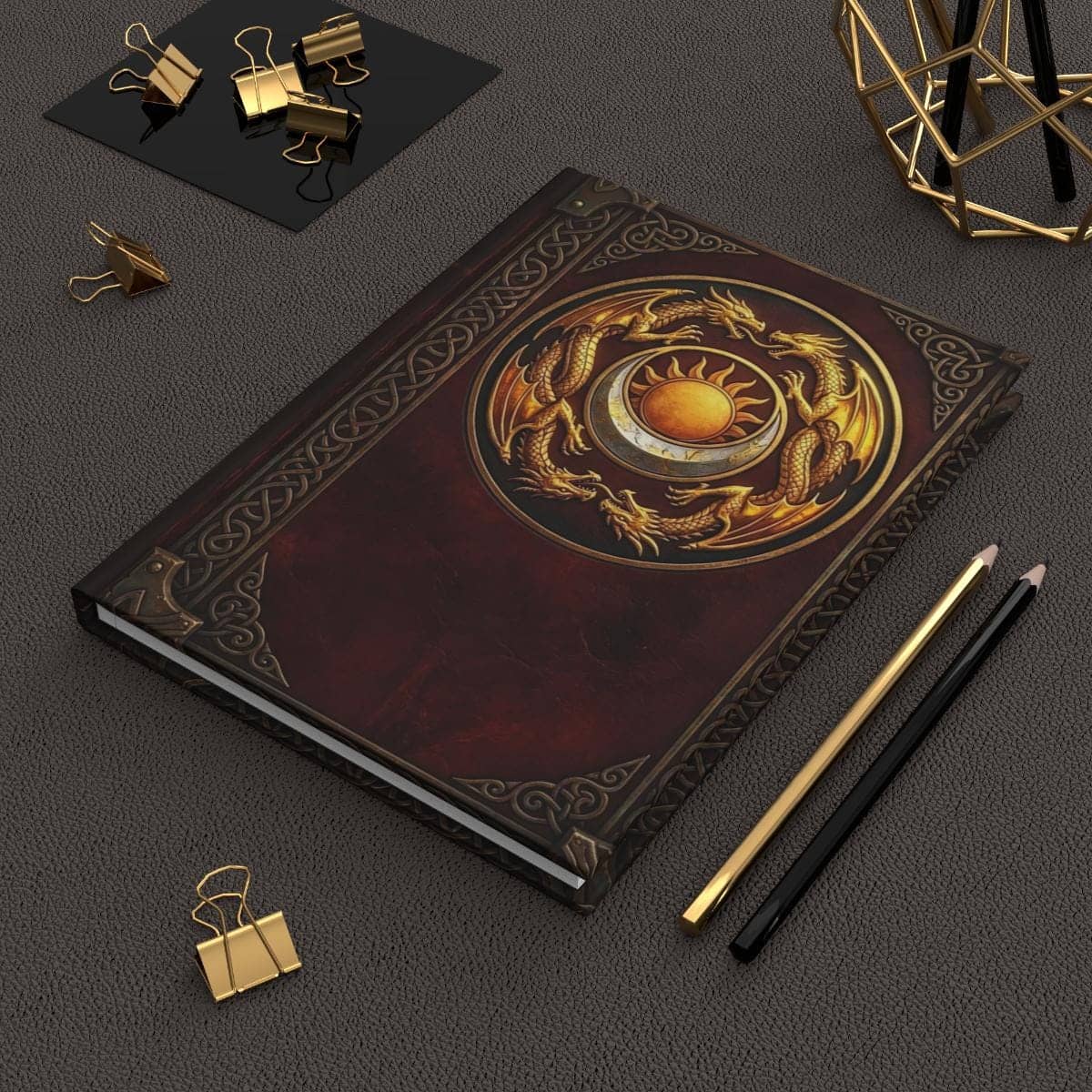 Hardcover ruled fantasy campaign journal designed as an ancient pact tome, in a room setting