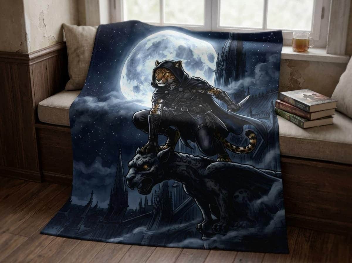 A plush velveteen throw blanket showcasing an agile feline rogue crouching across gothic cathedral spires under a giant silver moon, shown in a reading nook
