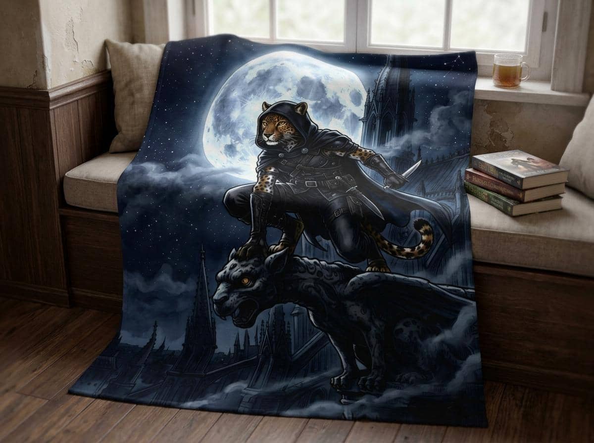 A plush velveteen throw blanket showcasing an agile feline rogue crouching across gothic cathedral spires under a giant silver moon, shown in a reading nook