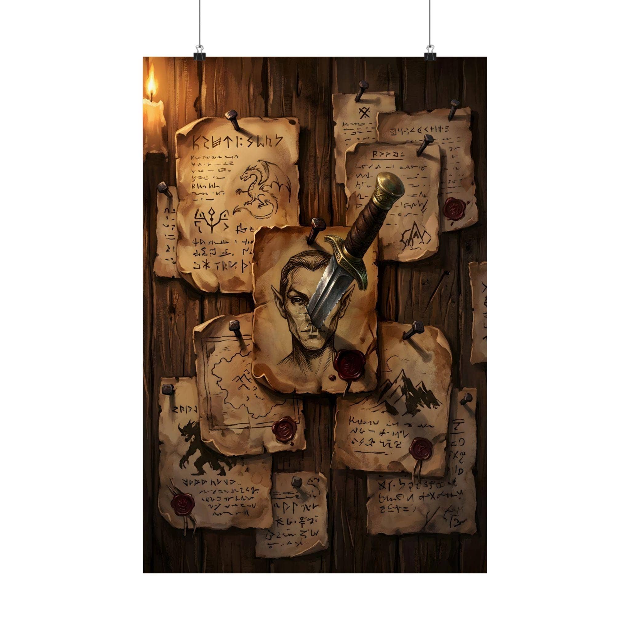 Transforms any room into a life-sized adventurer's tavern bulletin board pinned with scorched quest contracts, crimson wax seals, and an embedded iron dagger, printed on a poster