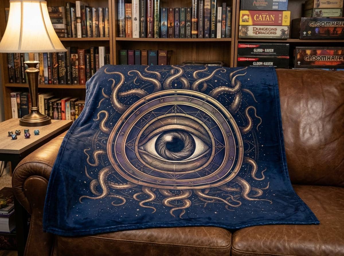 An atmospheric, oversized gaming throw blanket featuring an intricate cosmic horror warlock patron seal that upgrades game rooms and fall campaign nights, shown on a game room couch