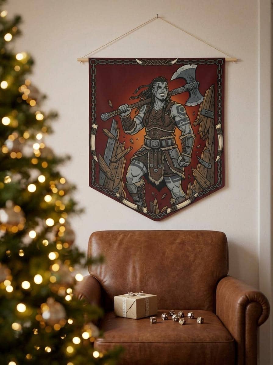 Bold, humorous game room wall pennant celebrating the iconic brute-force moment when the barbarian kicks the dungeon door off its hinges instead of picking the lock, shown as a gift