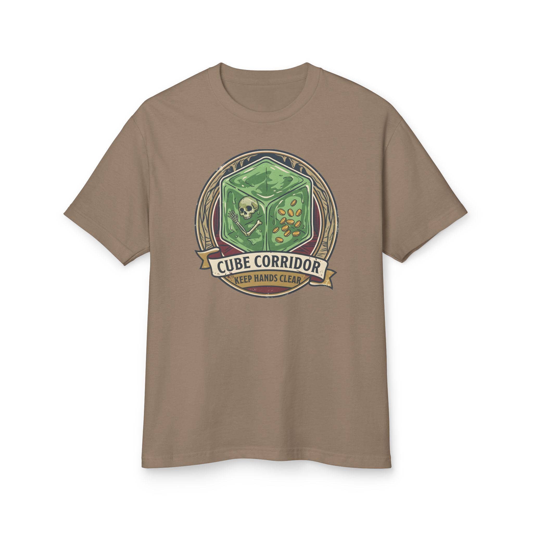 Vintage national park warning graphic tee featuring tabletop gaming's iconic translucent dungeon ooze alongside a deadpan caution sign for adventurers who touch strange corridor walls, front view