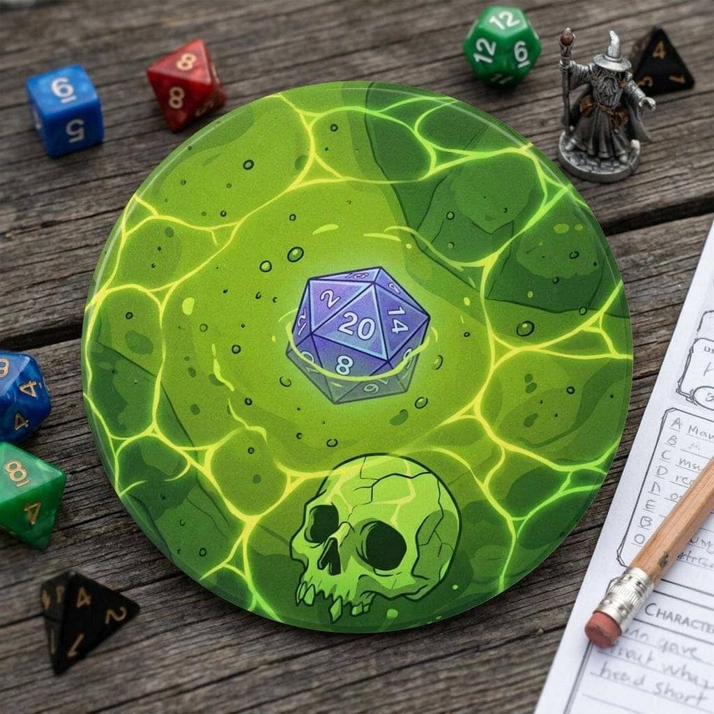 A square high-gloss drink coaster designed to look like a direct top-down view into a translucent acidic gelatinous cube trapping sunken dice and adventurer bones, serving as a witty spill hazard for campaign nights, shown on the