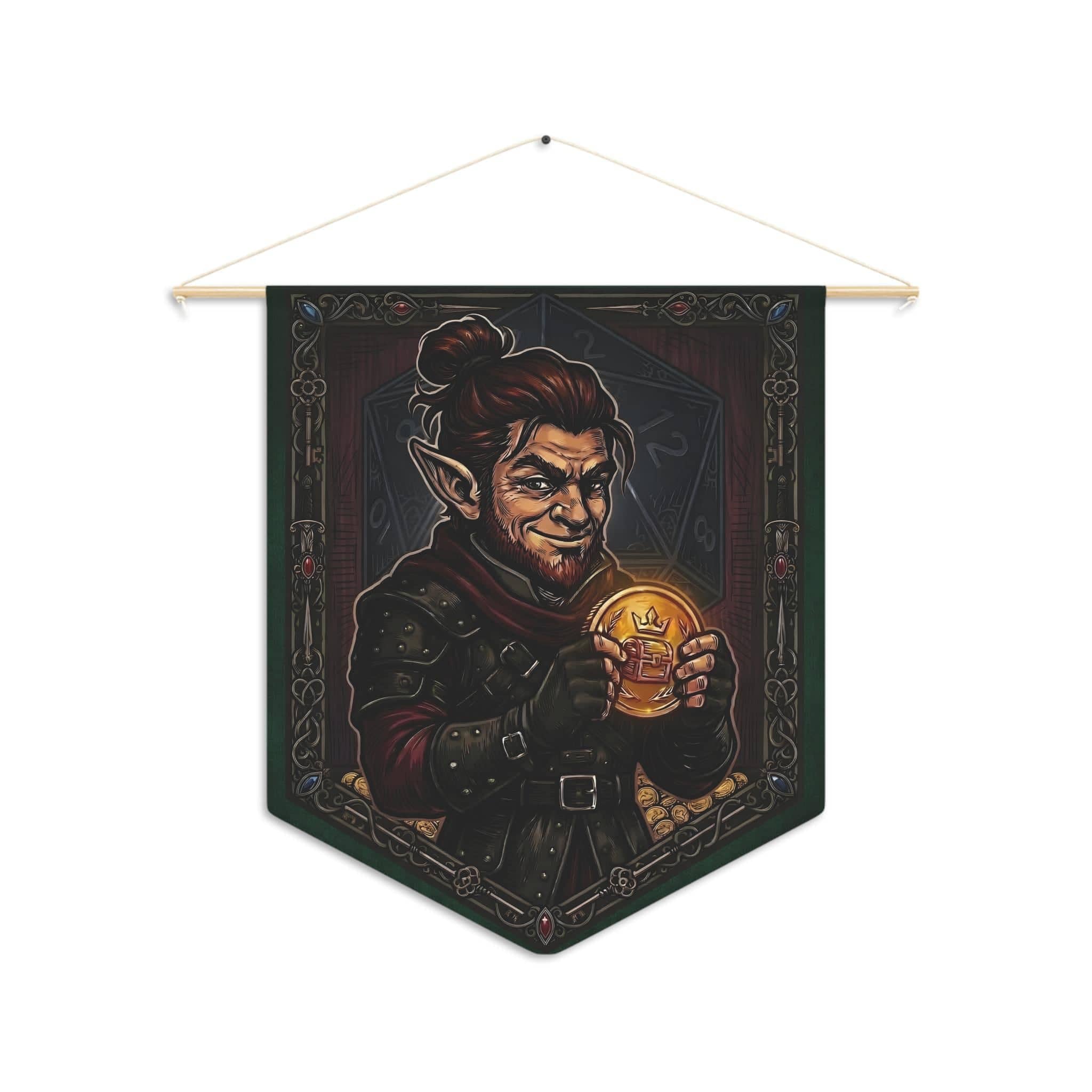 A bold screenprint-style canvas banner celebrating a critical Sleight of Hand roll, featuring a roguish gnome with his stolen prize to elevate a gaming room or pin collection corner, front view