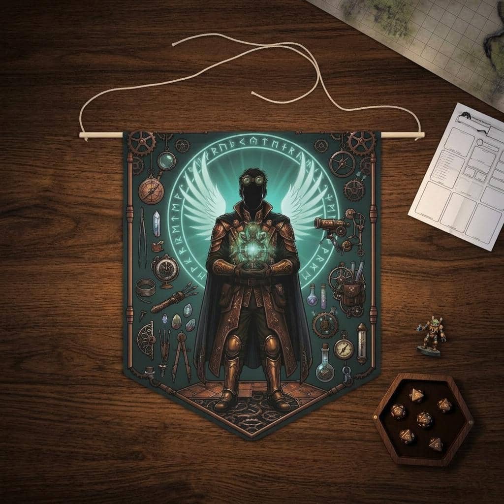 Radiant male aasimar artificer surrounded by arcane gadgets, tinkering tools, and celestial light on a premium pennant, shown on the game table among dice and character sheets