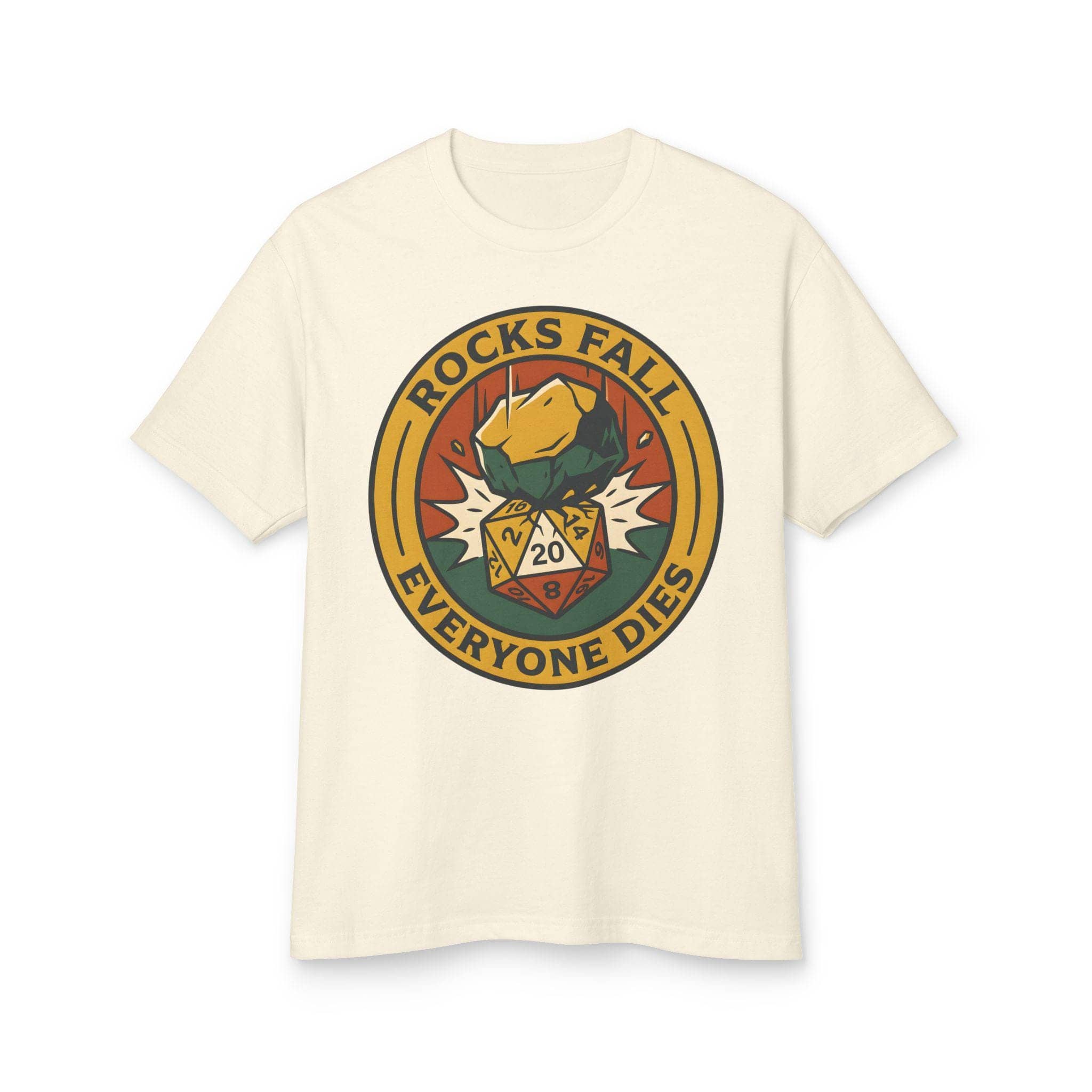 A deadpan tabletop in-joke graphic tee featuring a vintage national-park style emblem where a giant plummeting boulder crushes a d20 die, front view
