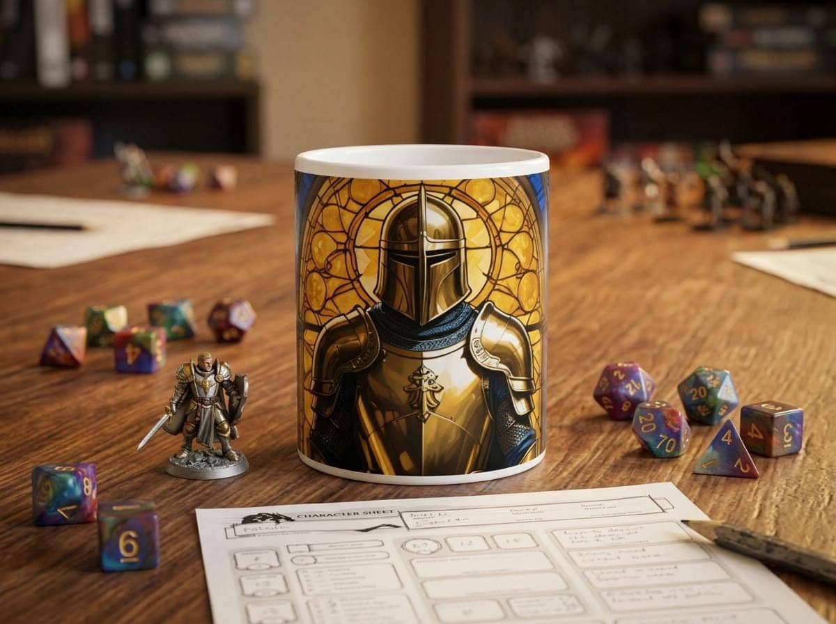 A beautifully illustrated mug that embodies the code of a paladin, shown on the game table among dice and character sheets