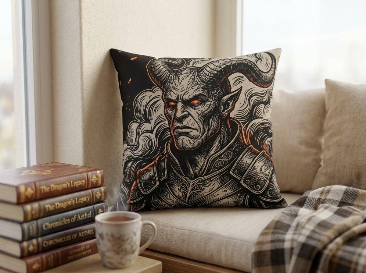 Moody square accent pillow featuring an infernal horned tiefling surrounded by glowing ember filigree, shown in a reading nook