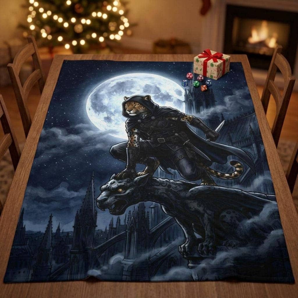 A plush velveteen throw blanket showcasing an agile feline rogue crouching across gothic cathedral spires under a giant silver moon, shown as a gift