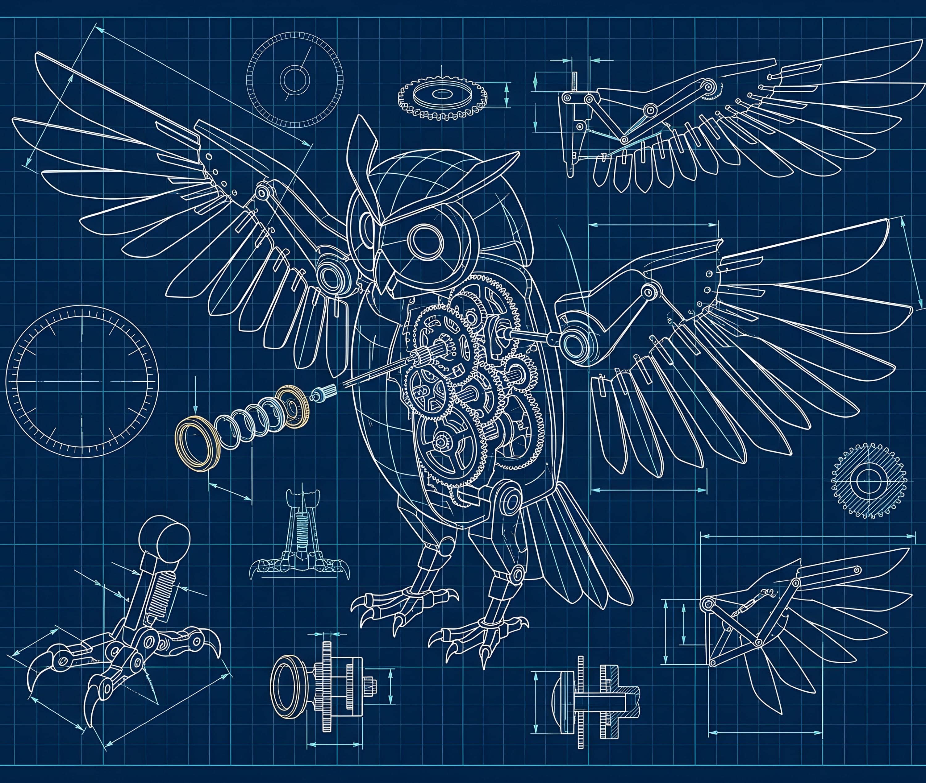 Transforms any gaming desk into an arcane engineer's workbench with an authentic technical blueprint of a clockwork mechanical familiar, printed on a mouse pad, the complete printed design shown flat, the artwork