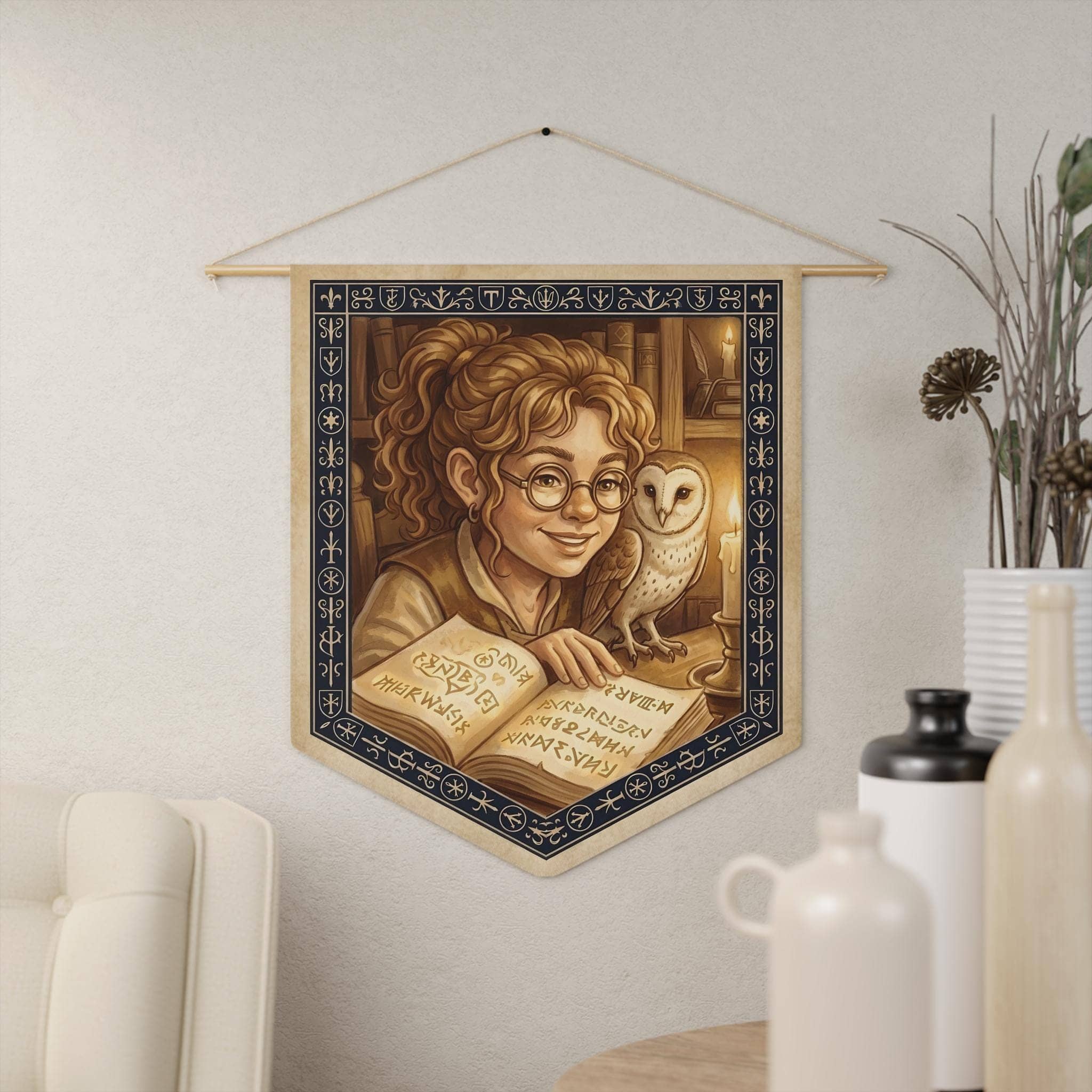 A cozy canvas pennant celebrating the bond between a halfling wizard and her feathered familiar, in a room setting