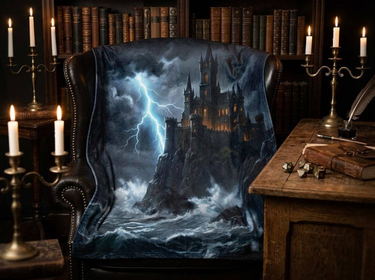 A rugged clifftop fortress defying ocean squalls and lightning, printed edge-to-edge on a plush sherpa throw blanket designed to keep players cozy during marathon tabletop campaign nights, shown draped over a study armchair
