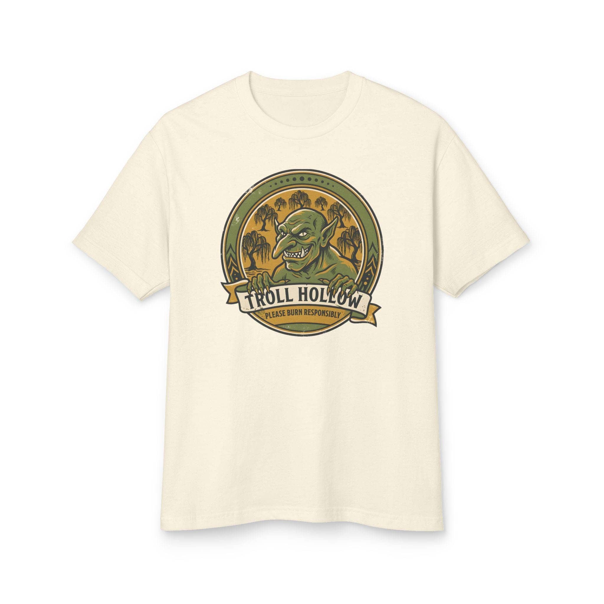 Vintage national park parody tee featuring a gangly swamp troll alongside a deadpan 'Please Burn Responsibly' fire warning for tabletop adventurers exploring monster-infested wetlands, front view
