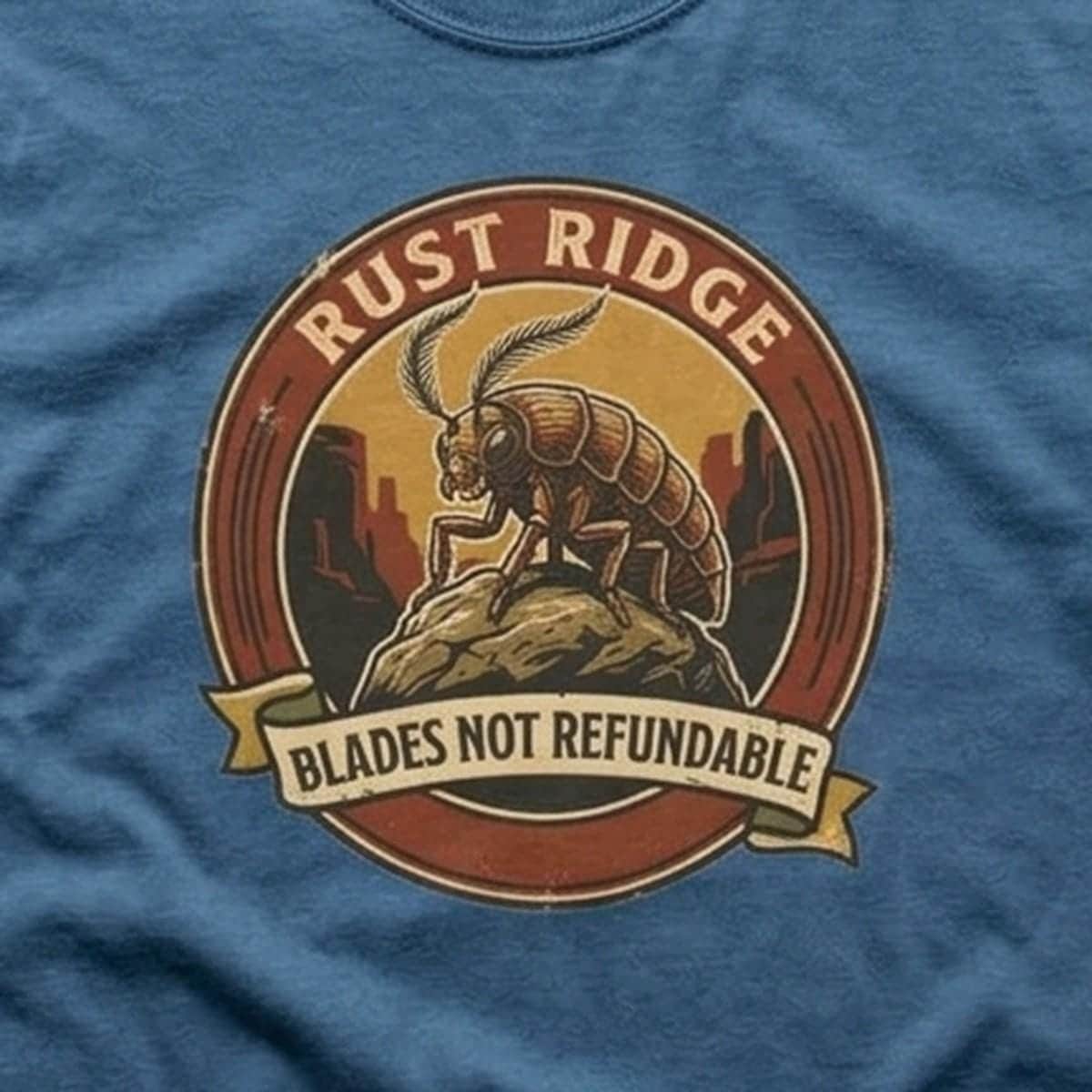 Vintage national park souvenir graphic tee featuring tabletop gaming's notorious metal-eating armored insectoid paired with a deadpan park ranger weapon warning for dungeon crawlers and roleplaying gamers, the printed design seen - close-up photo